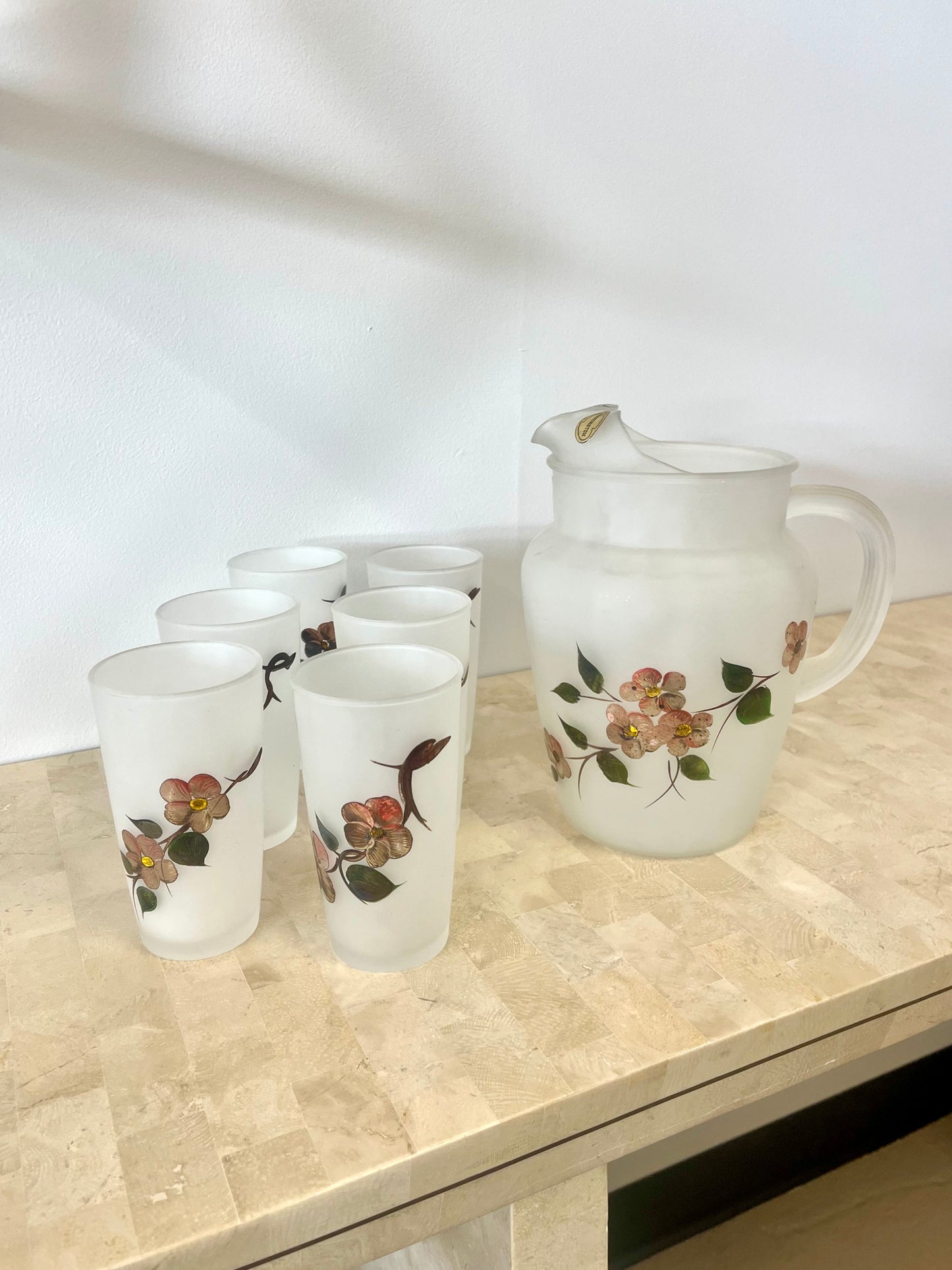 Vintage Hazel Atlas Handpainted Frosted Pitcher & Tumbler Set