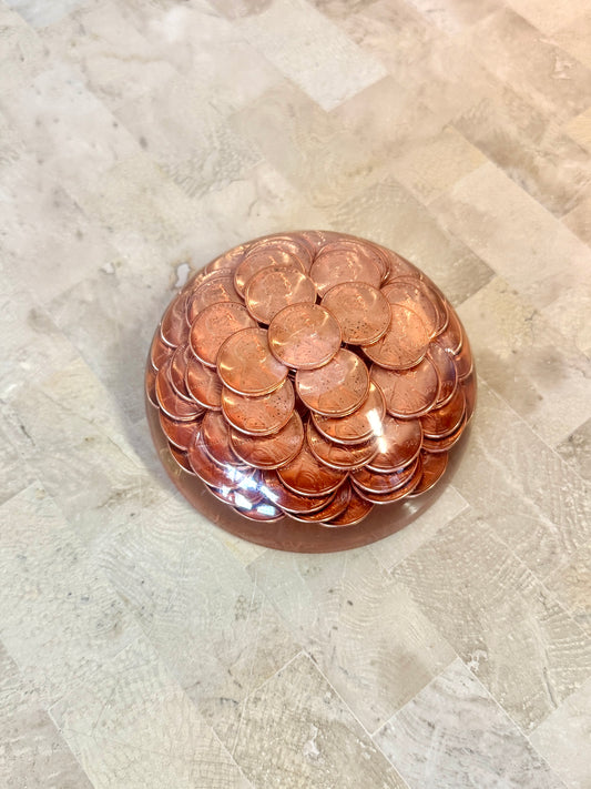 Vintage 1989 Lucite Penny Paperweight