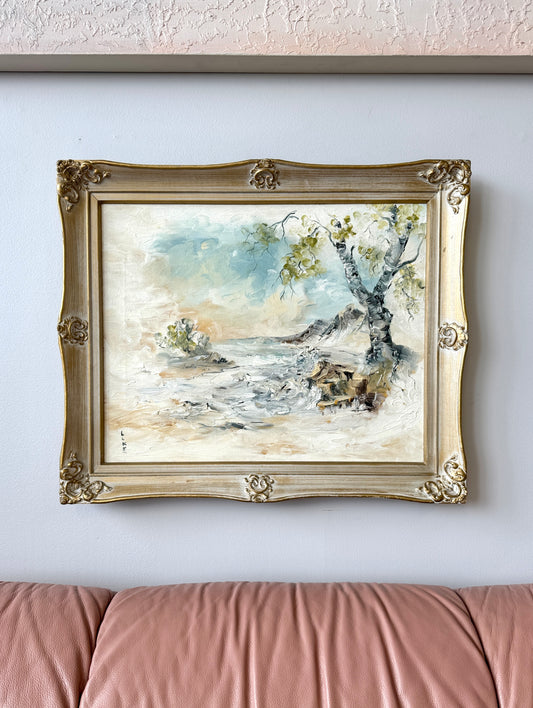Vintage River’s Edge Oil Painting in Carved Wood Frame
