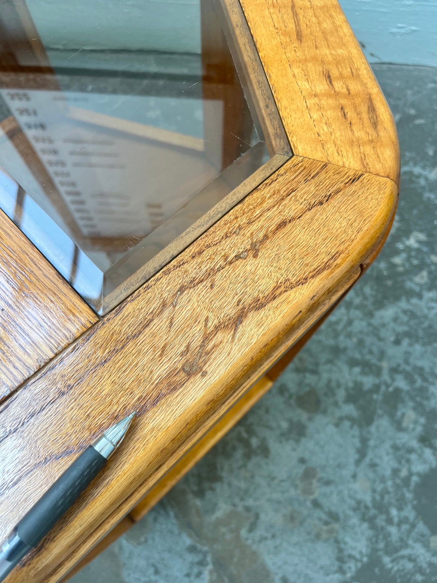 Postmodern Oak Hexagon End Table with Smoked Glass and Teak Top