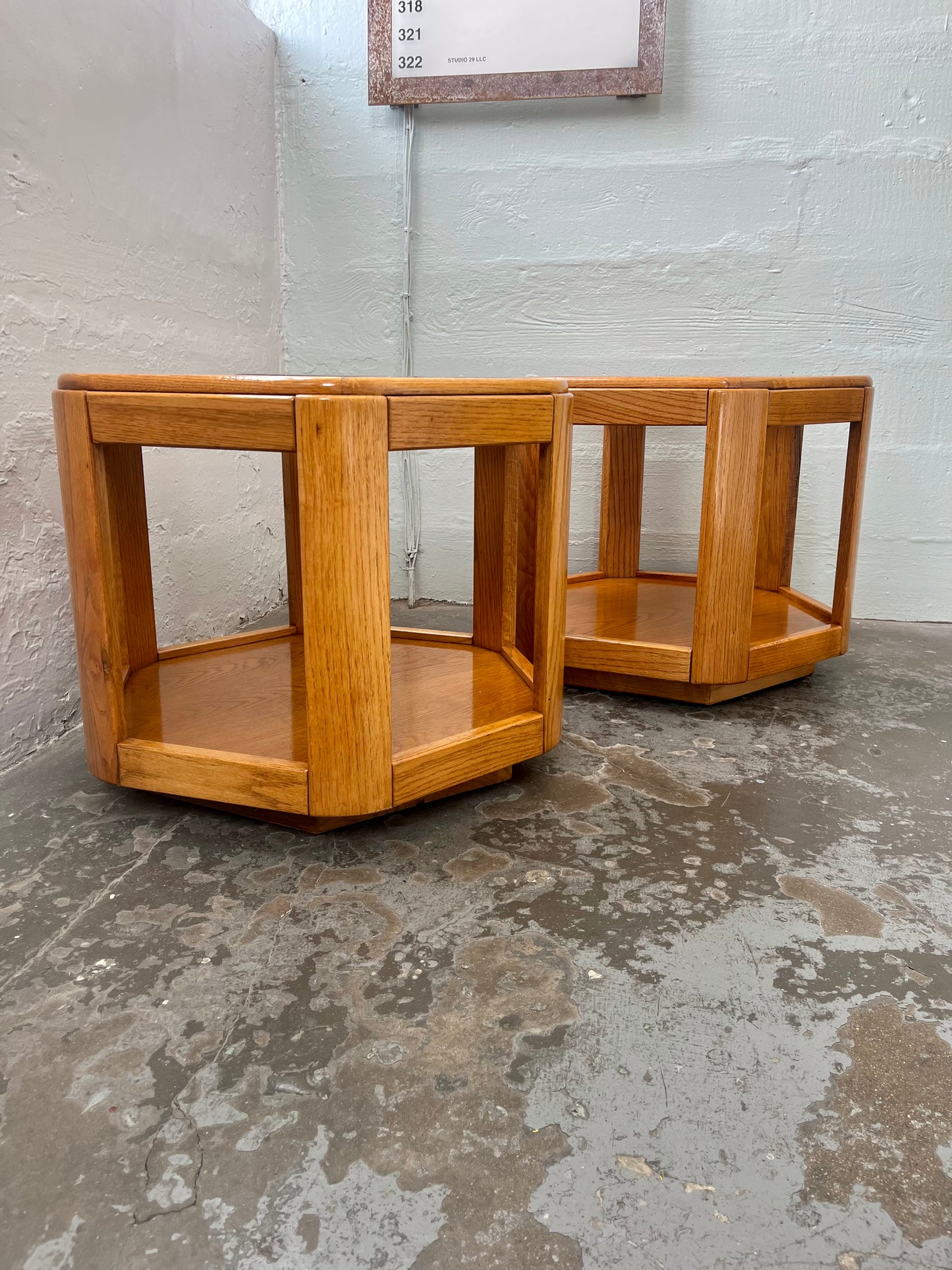 Postmodern Oak Hexagon End Table with Teak and Smoked Glass Tops