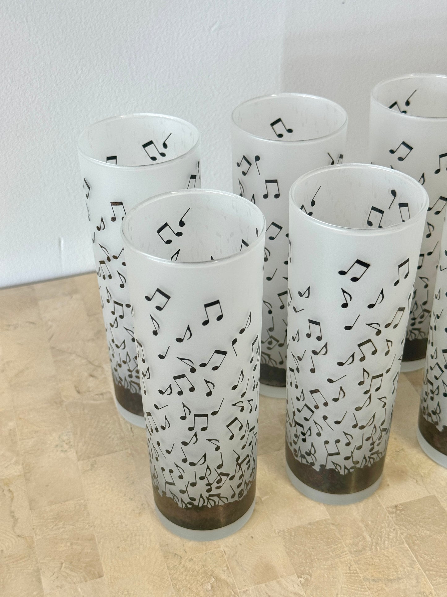 Vintage Albert Elovitz Frosted Musical Note Highball Glasses