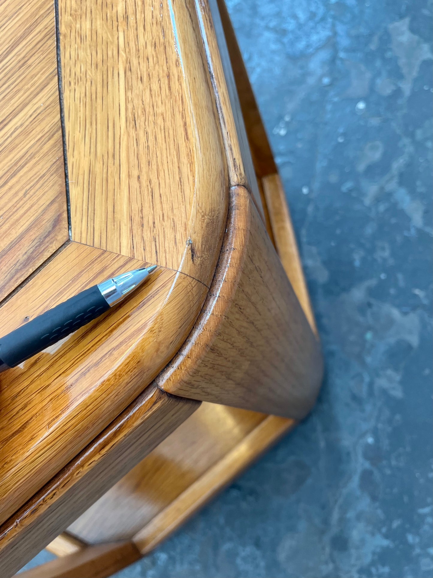 Postmodern Oak Hexagon End Table with Teak and Smoked Glass Tops