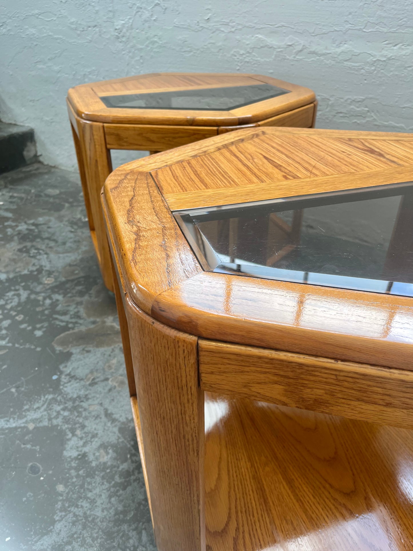 Postmodern Oak Hexagon End Table with Teak and Smoked Glass Tops