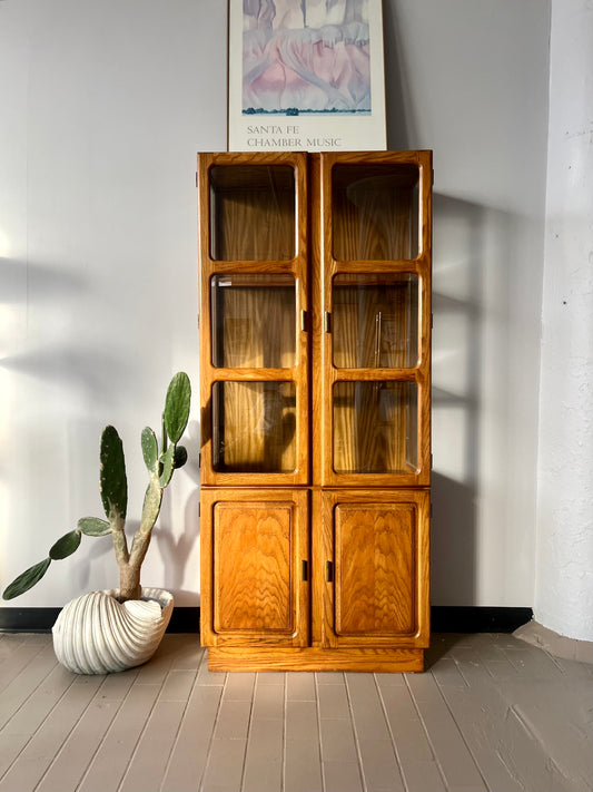 Vintage 1984 Oak and Glass Lighted Curio Cabinet