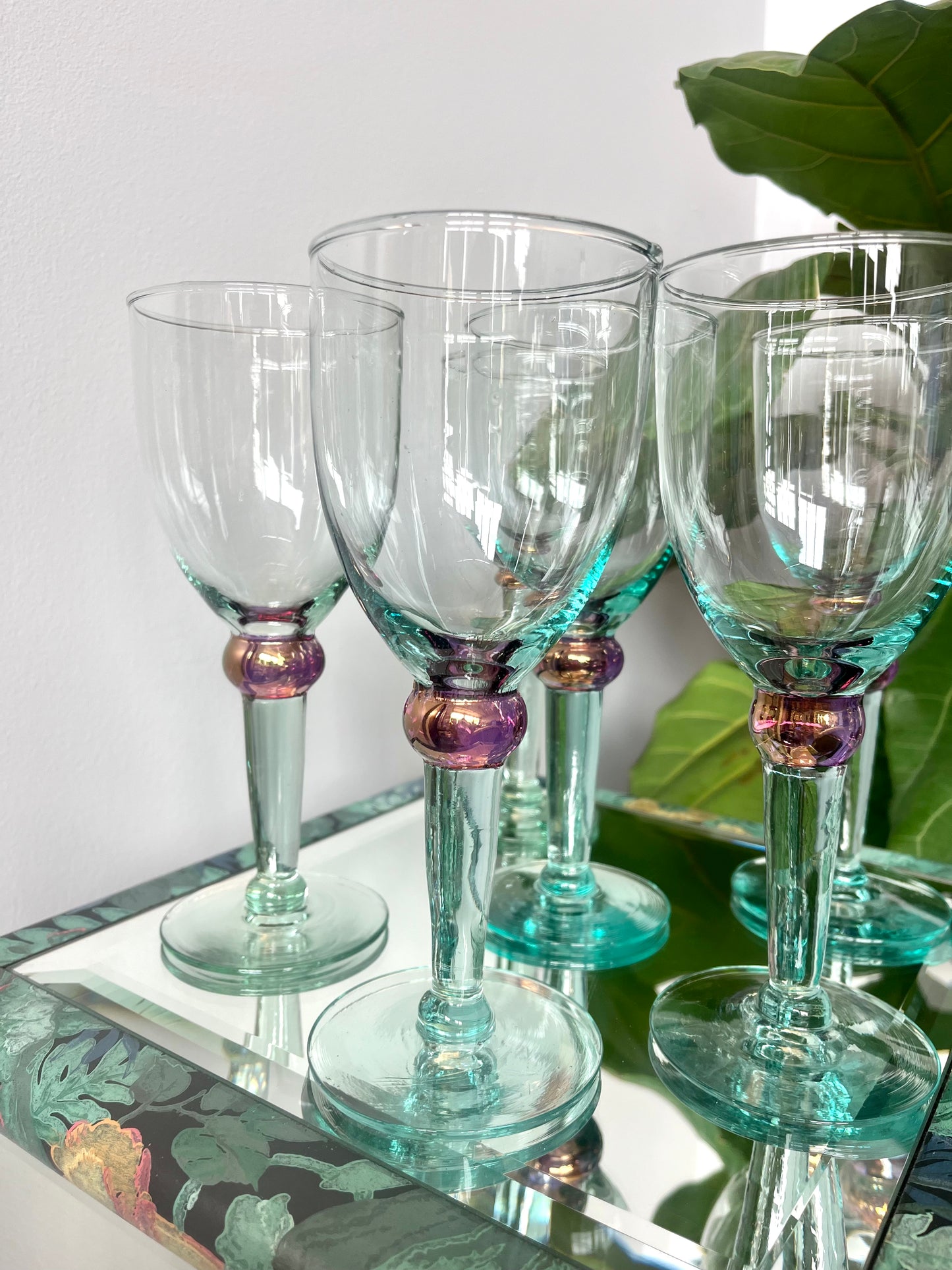 Postmodern Handblown Aqua and Iridescent Purple Wine Glasses