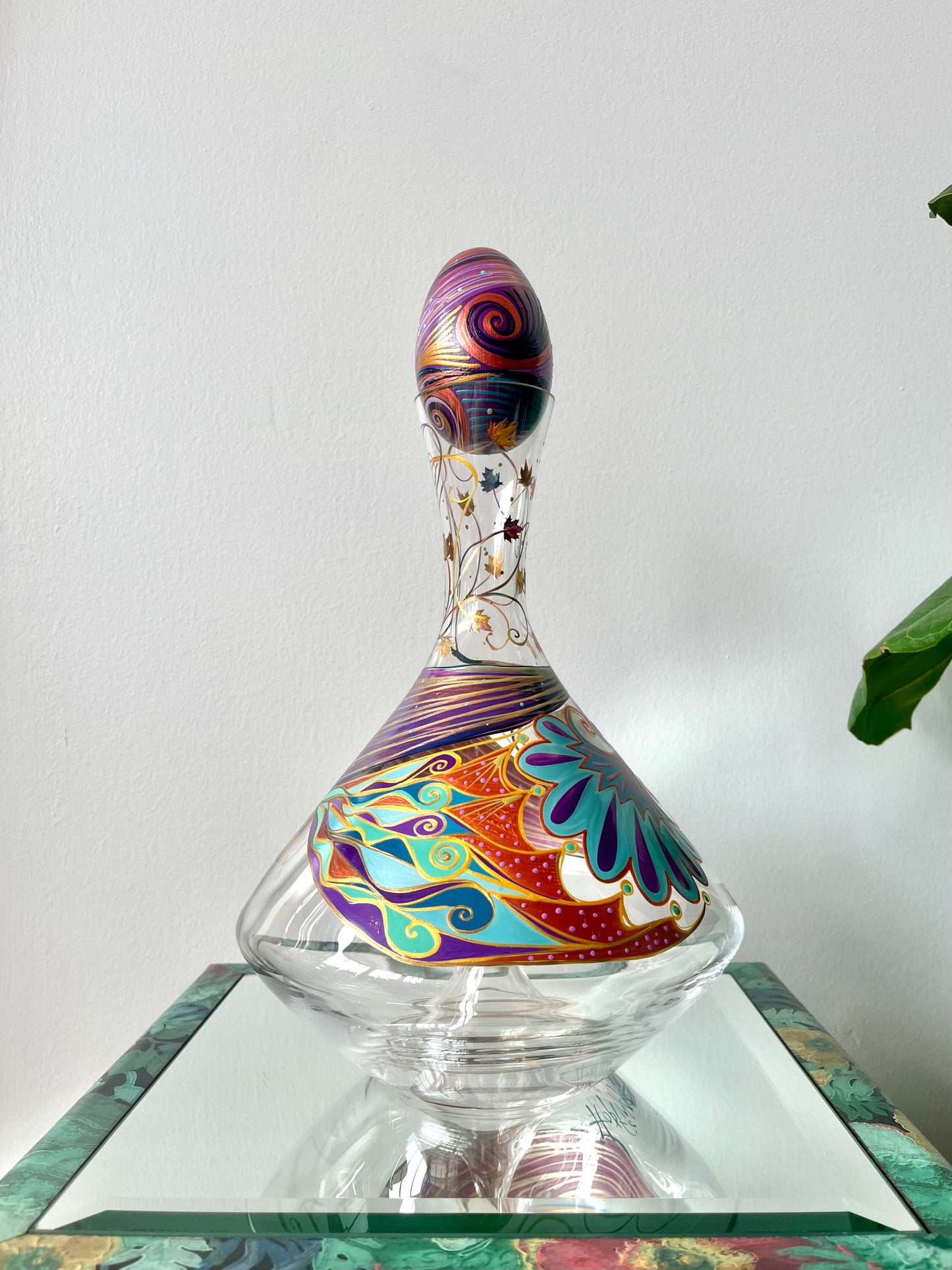 Vintage Y2K Signed Handpainted Wine Decanter with Painted Wood Egg Stopper