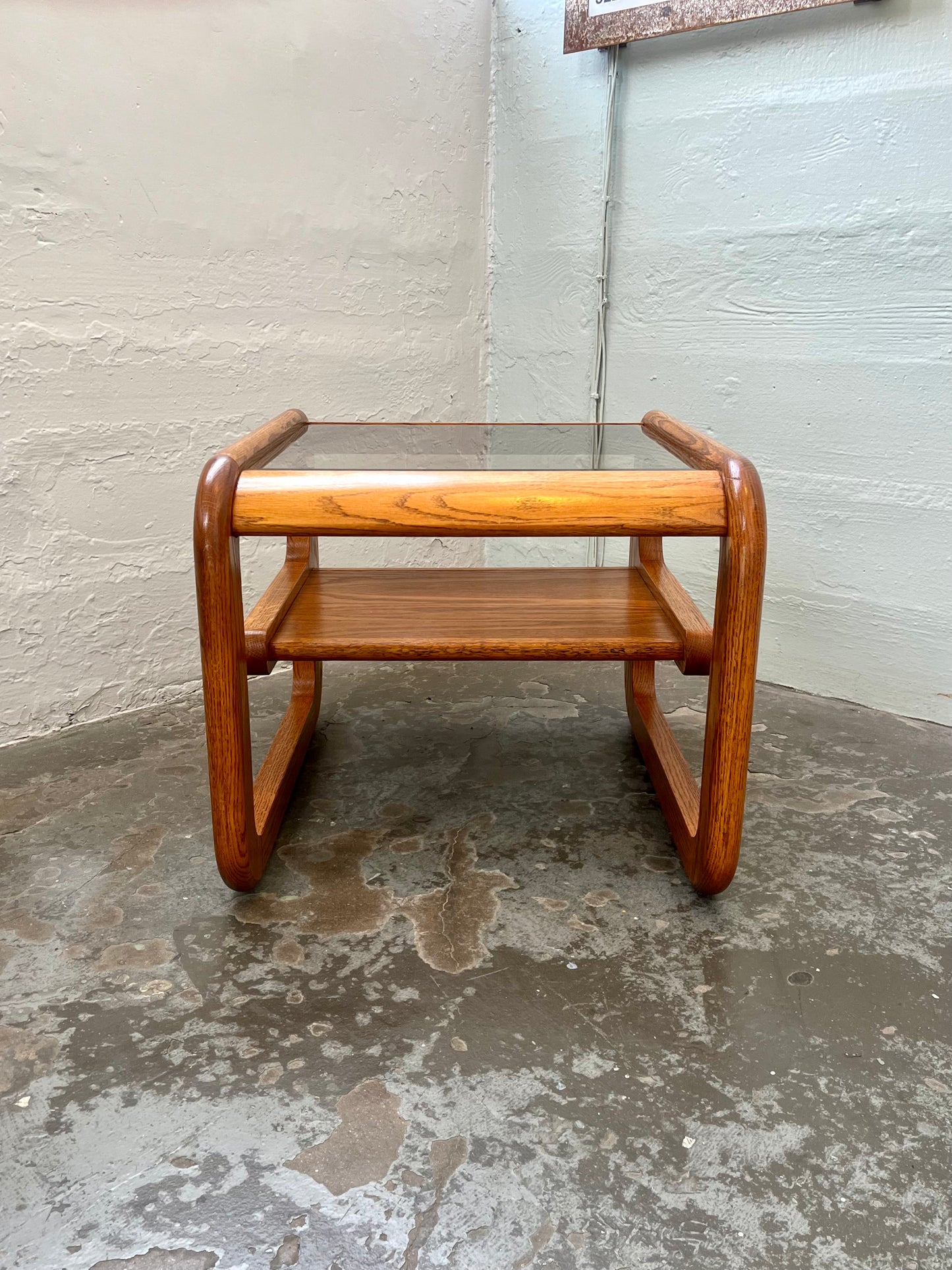 Vintage Postmodern Lou Hodges Style Oak and Smoked Glass End Table