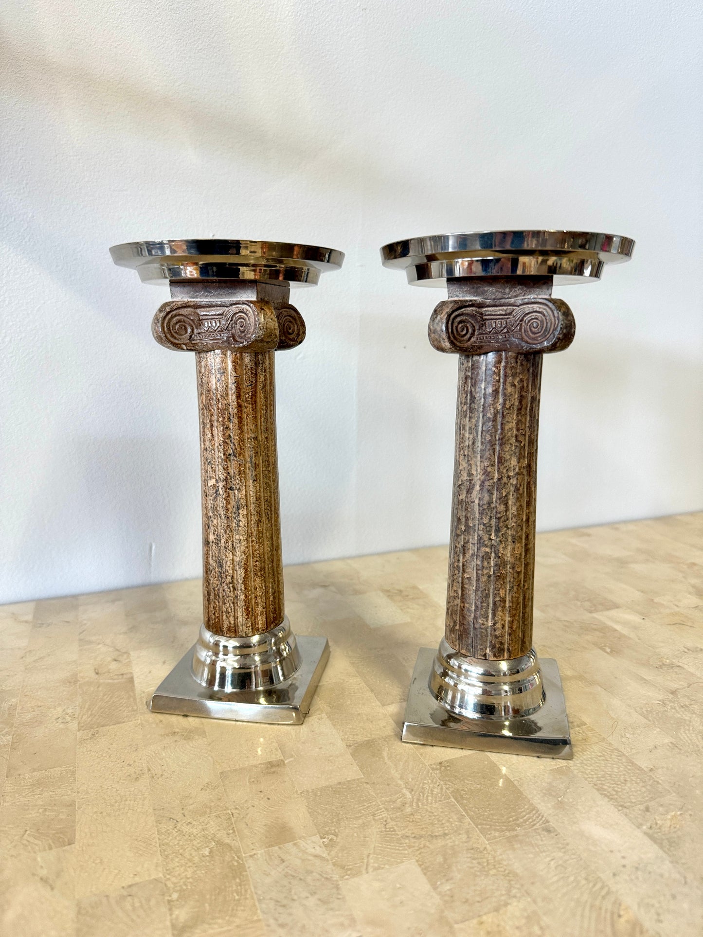 Pair Vintage Faux Stone Grecian Style Column Iron Candle Holders
