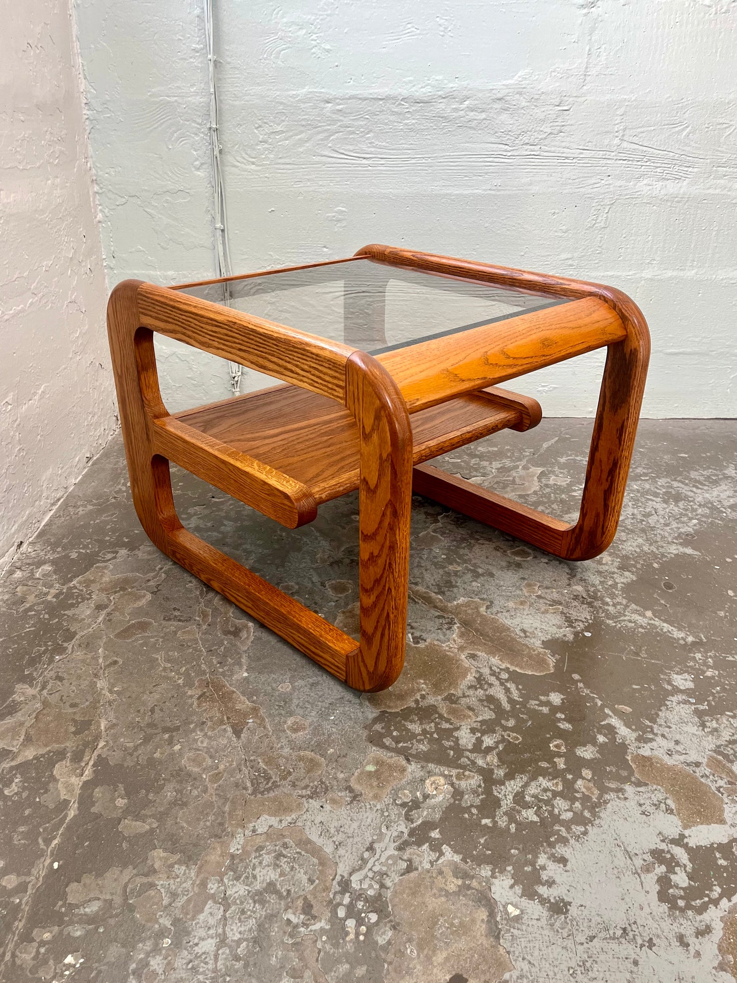 Vintage Postmodern Lou Hodges Style Oak and Smoked Glass End Table