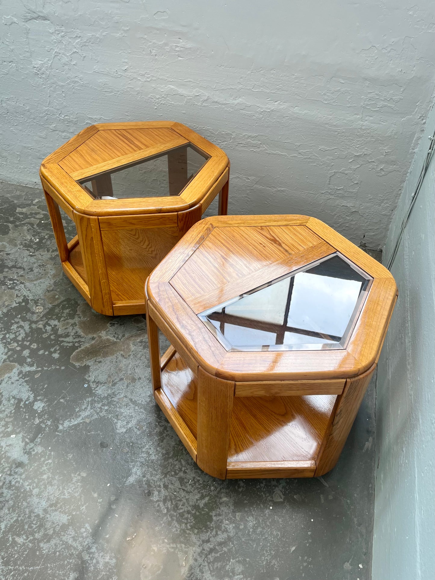 Postmodern Oak Hexagon End Table with Smoked Glass and Teak Top