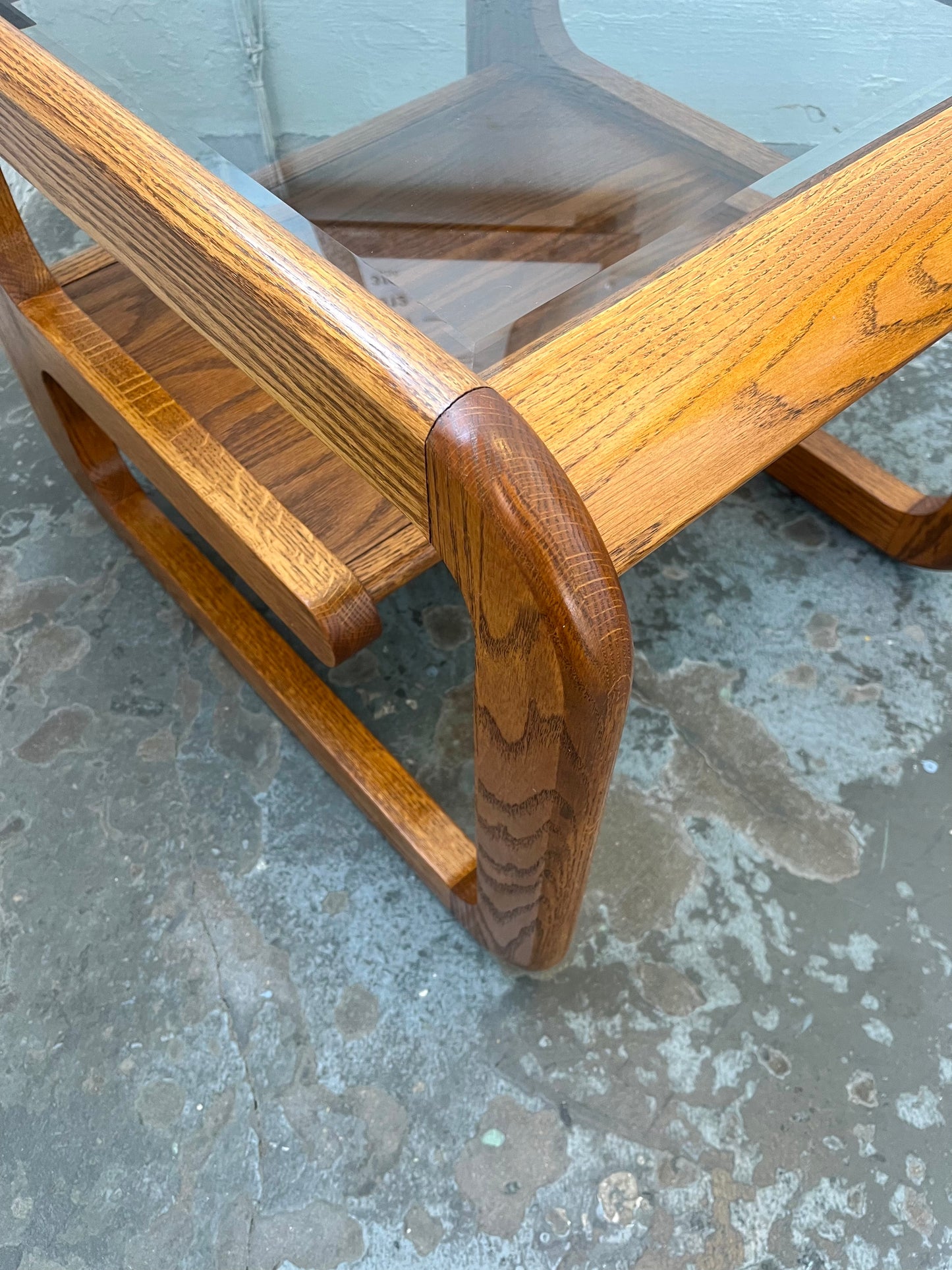 Vintage Postmodern Lou Hodges Style Oak and Smoked Glass End Table