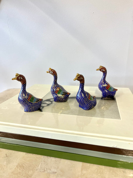 Vintage Set Cloisonné Enamel Duck Figurines