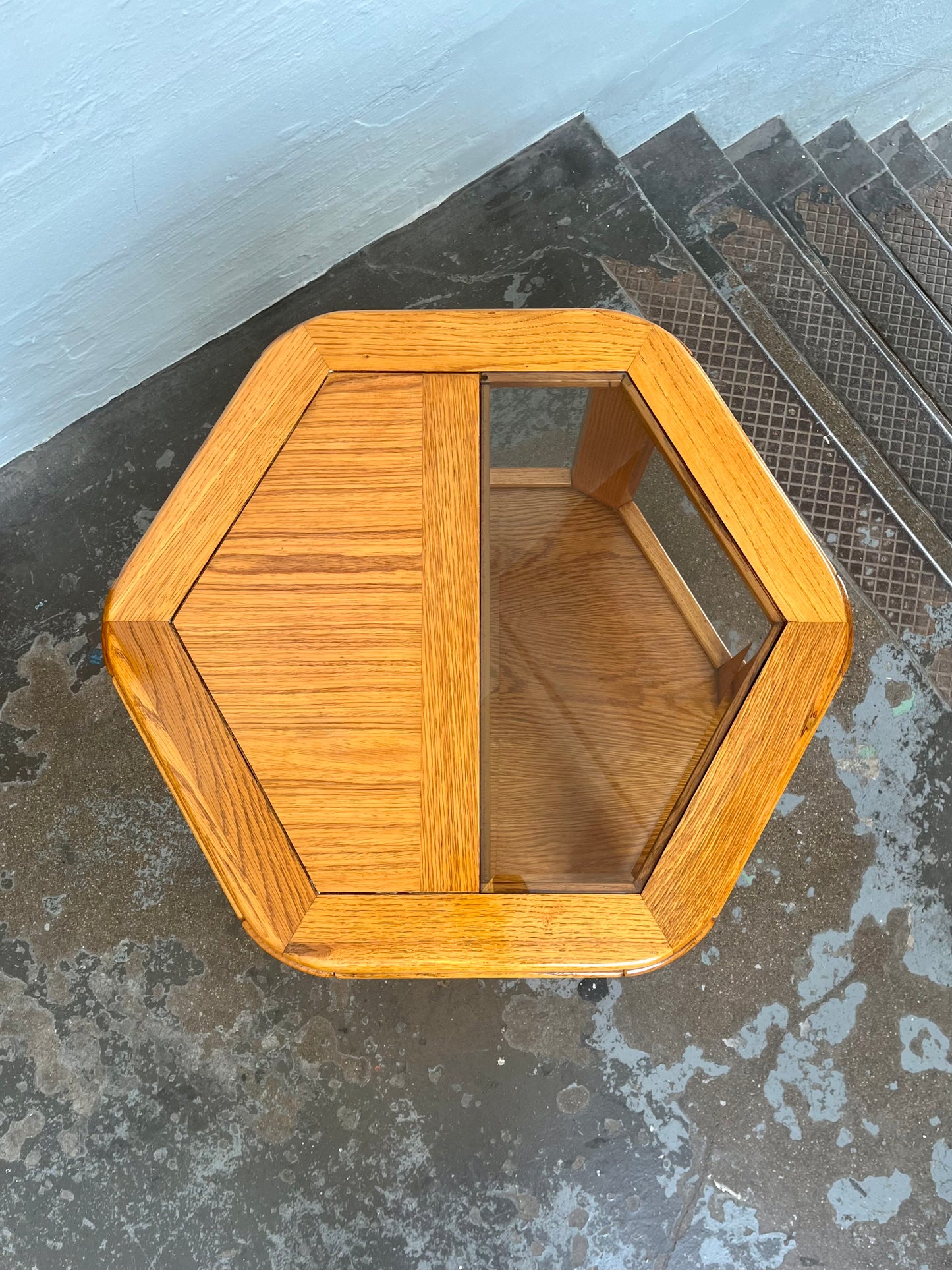 Postmodern Oak Hexagon End Table with Teak and Smoked Glass Tops