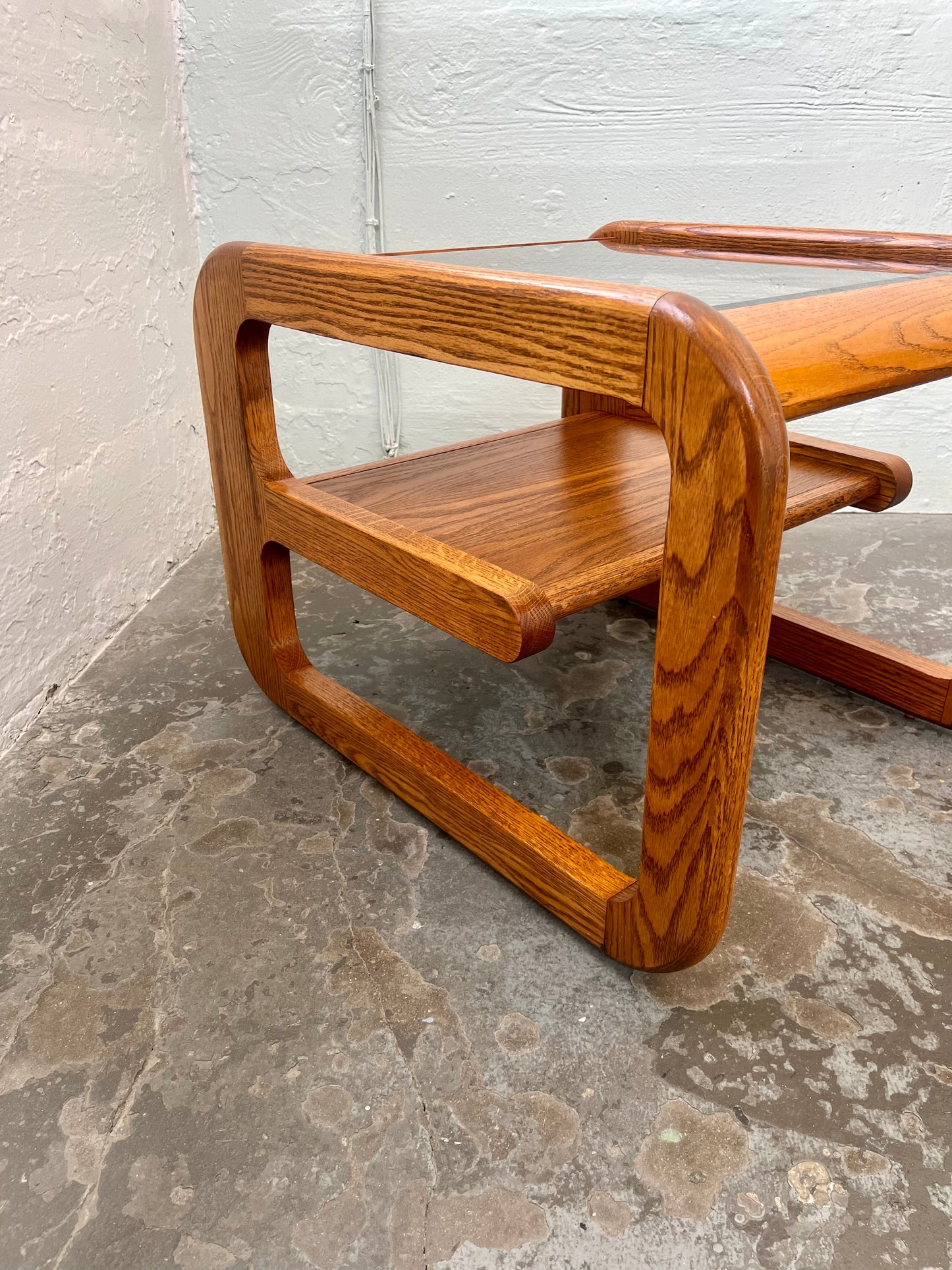 Vintage Postmodern Lou Hodges Style Oak and Smoked Glass End Table