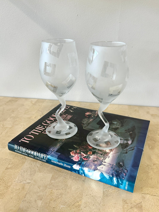 Pair Postmodern Frosted Squiggle Stem Wine Glasses