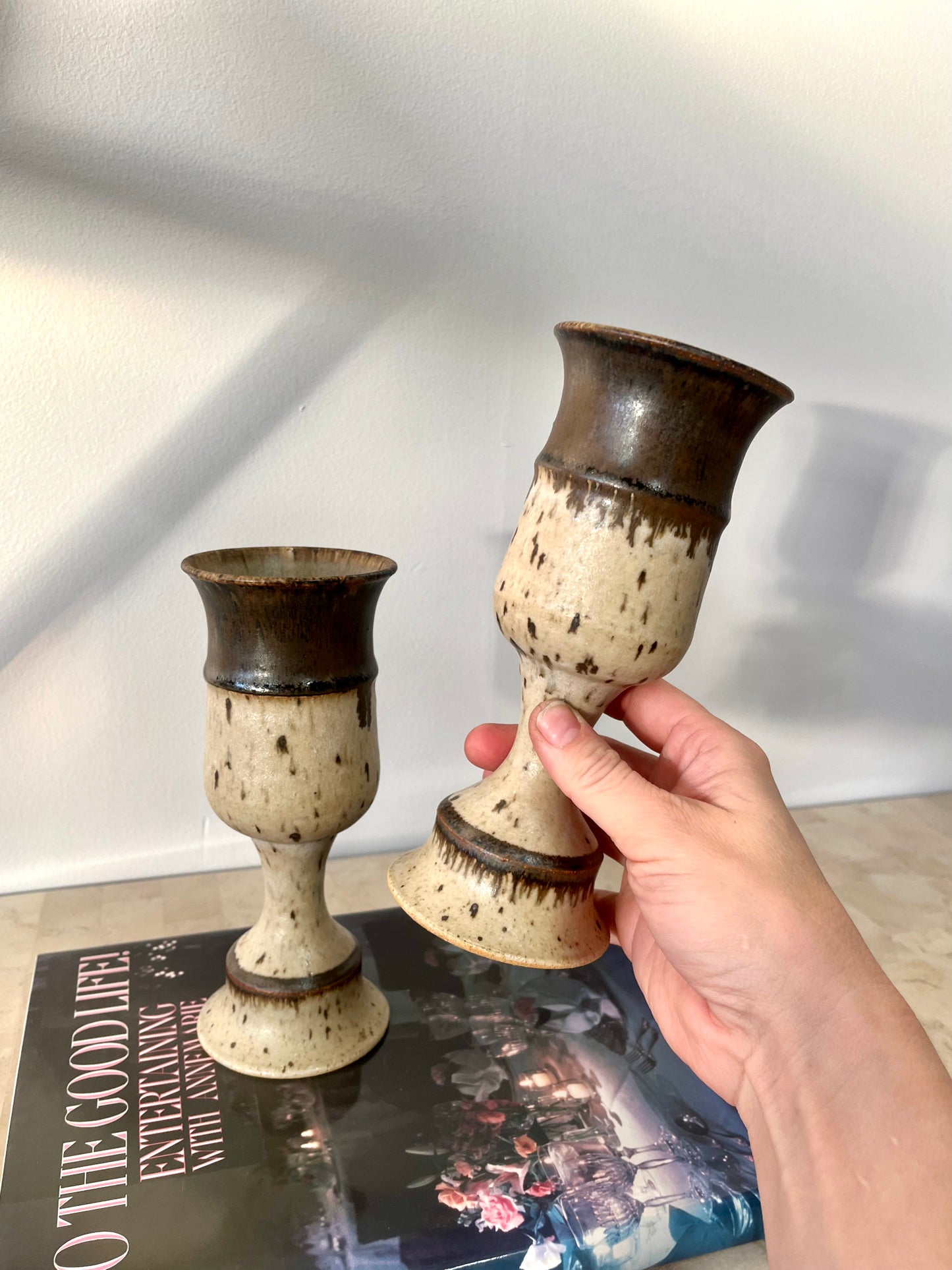 Vintage Mid Century Studio Pottery Stoneware Goblet Pair