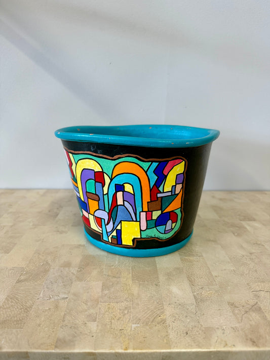 Vintage Handpainted Abstract Cubist Style Ceramic Planter