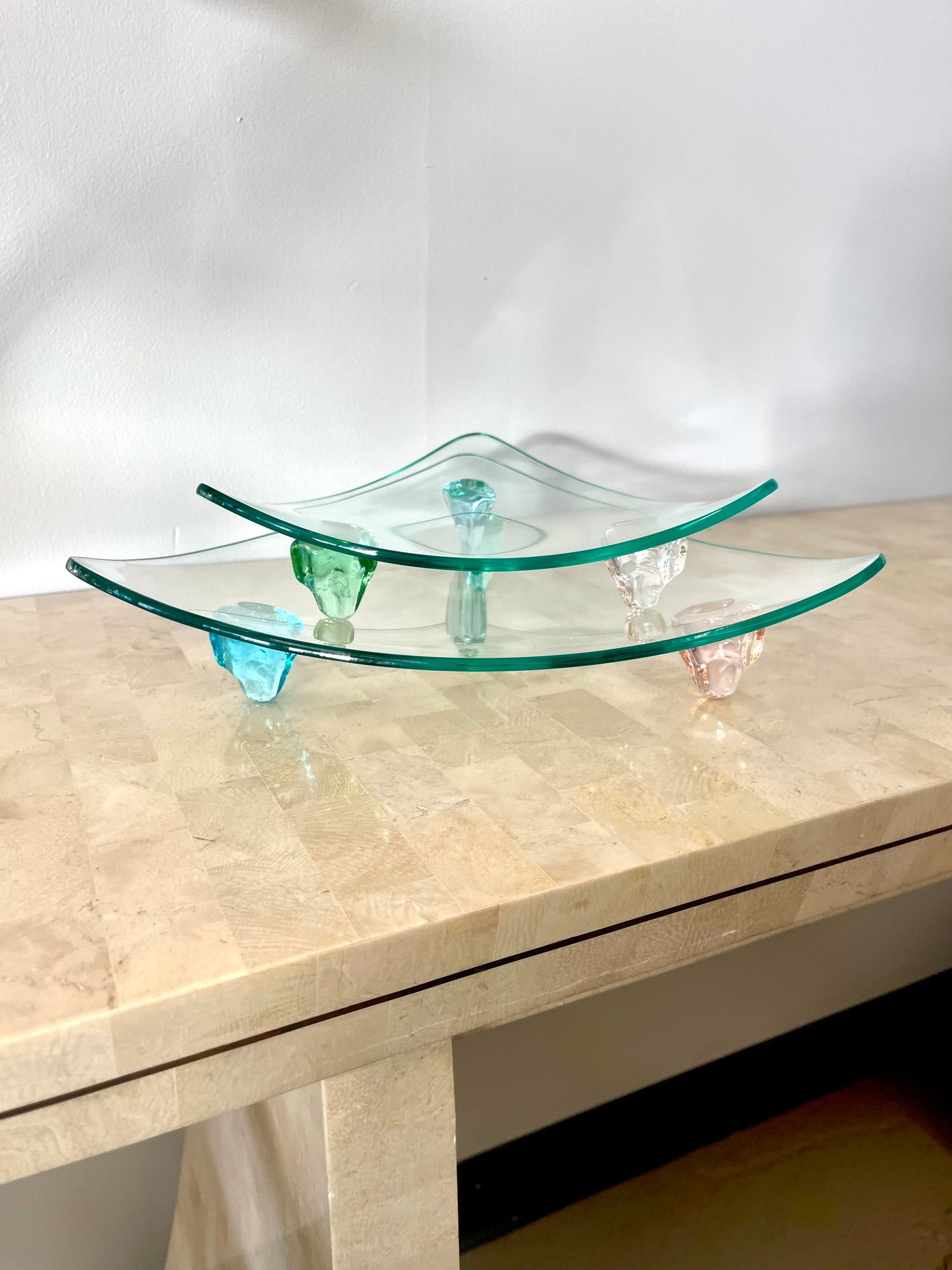 Vintage Triangle Shaped Gem Footed Glass Platters