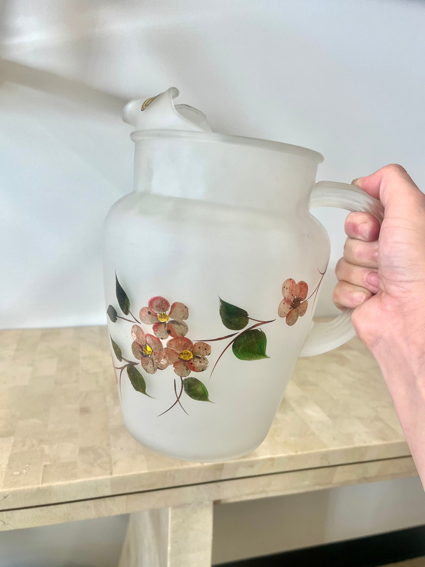 Vintage Hazel Atlas Handpainted Frosted Pitcher & Tumbler Set