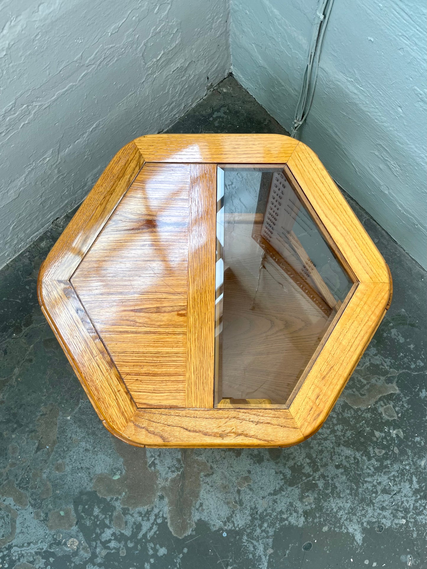 Postmodern Oak Hexagon End Table with Smoked Glass and Teak Top