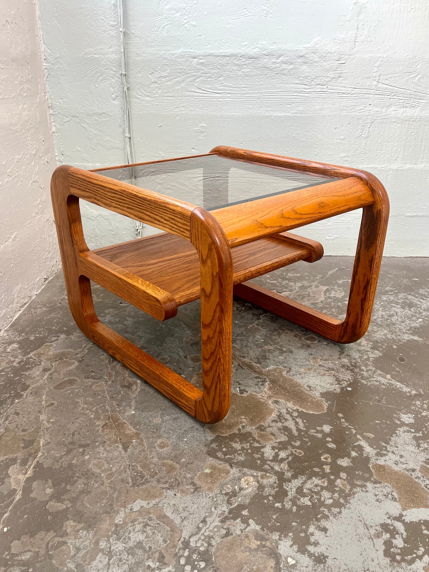 Vintage Postmodern Lou Hodges Style Oak and Smoked Glass End Table