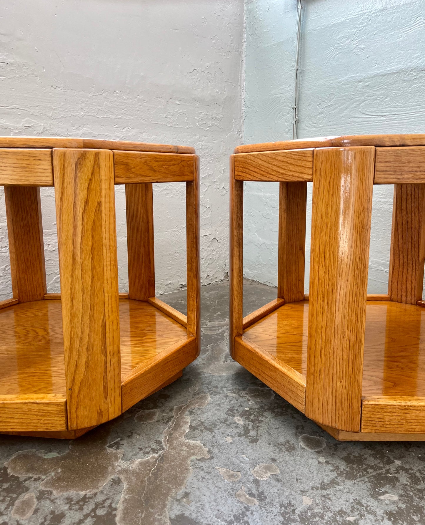 Postmodern Oak Hexagon End Table with Teak and Smoked Glass Tops