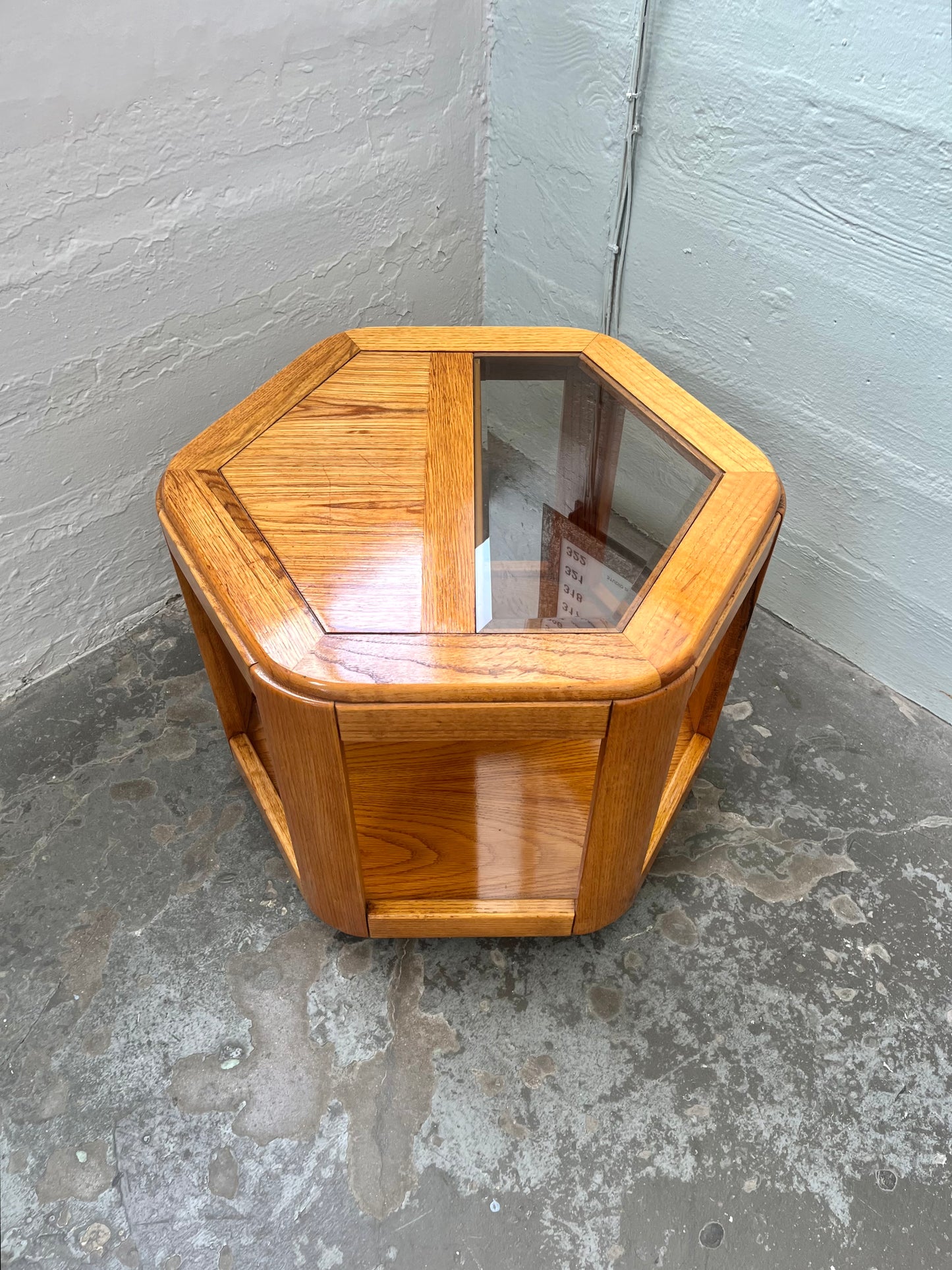 Postmodern Oak Hexagon End Table with Smoked Glass and Teak Top