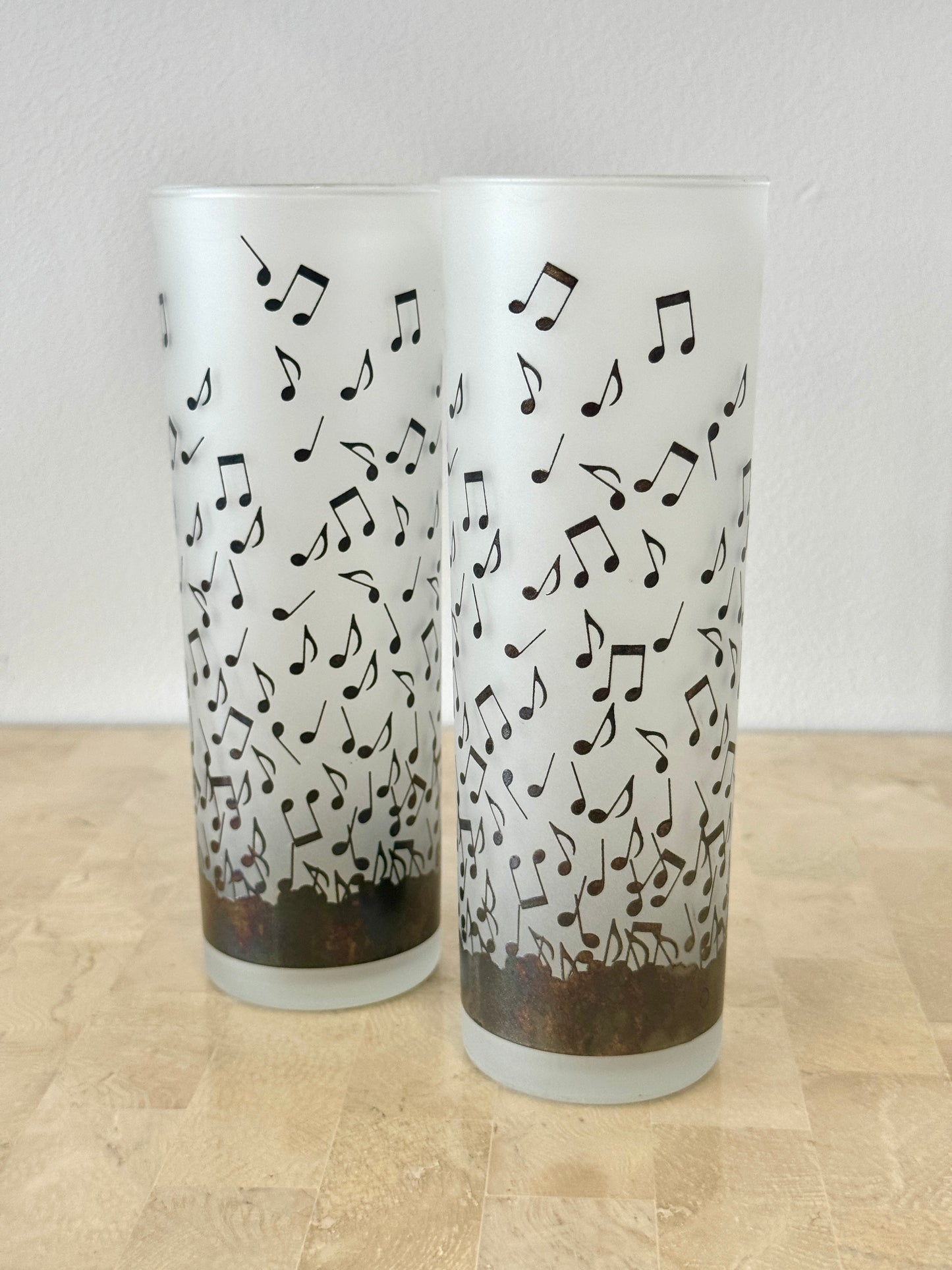 Vintage Albert Elovitz Frosted Musical Note Highball Glasses