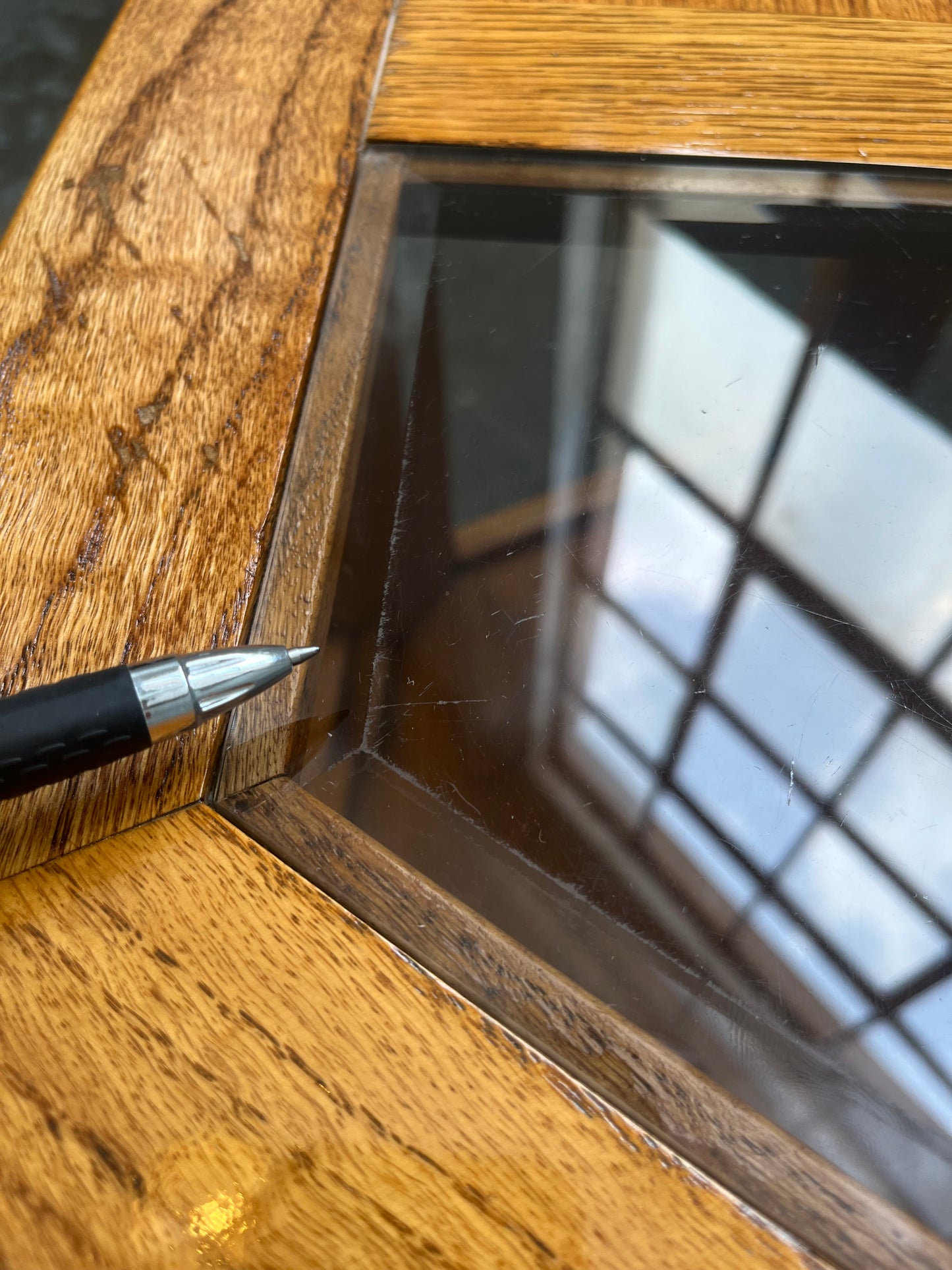 Postmodern Oak Hexagon End Table with Smoked Glass and Teak Top