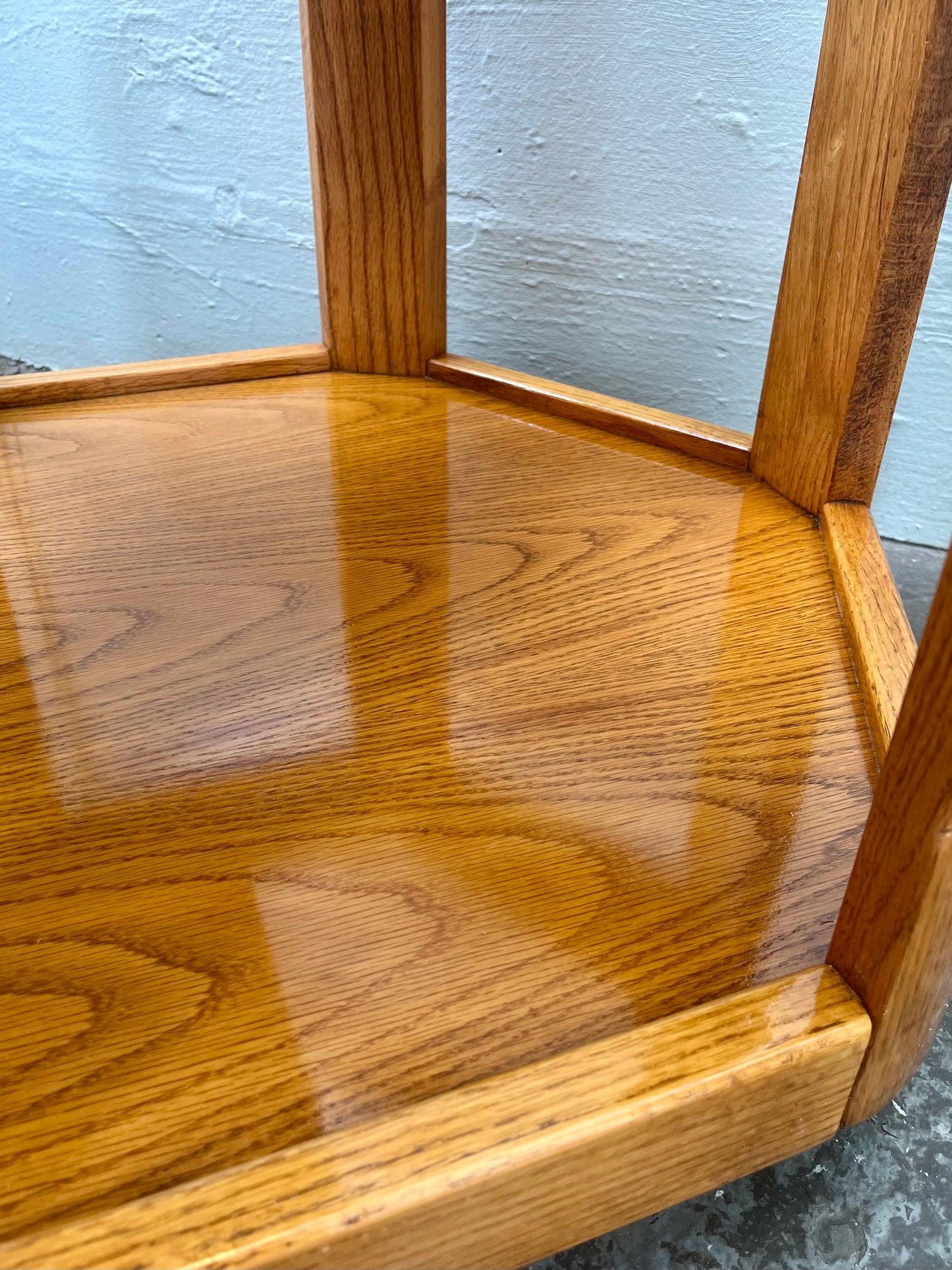 Postmodern Oak Hexagon End Table with Smoked Glass and Teak Top