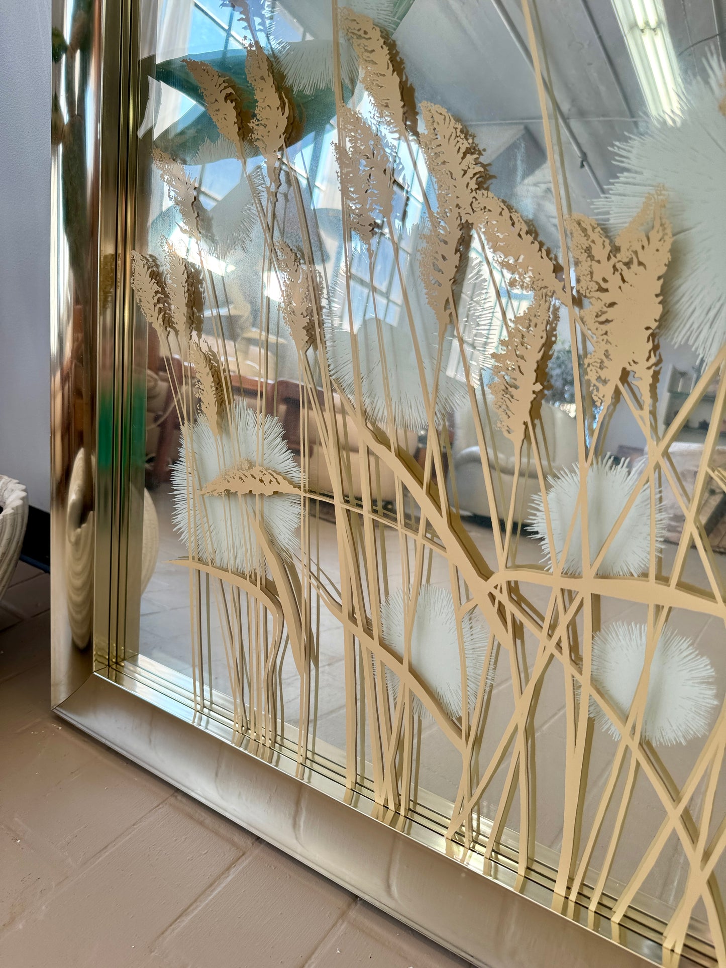 Vintage 1970s Academy Arts Pampas Grass Silkscreen Mirror