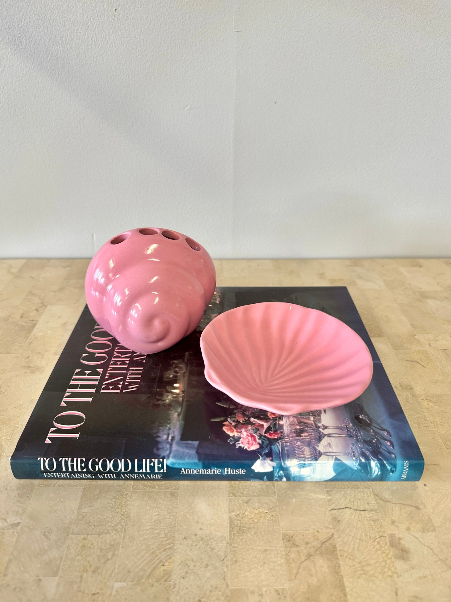 Vintage Pink Ceramic Shell Toothbrush Holder & Soap Dish Pair