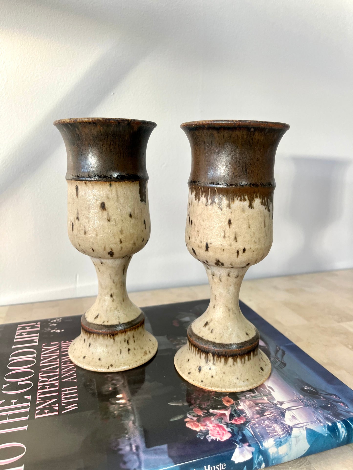 Vintage Mid Century Studio Pottery Stoneware Goblet Pair