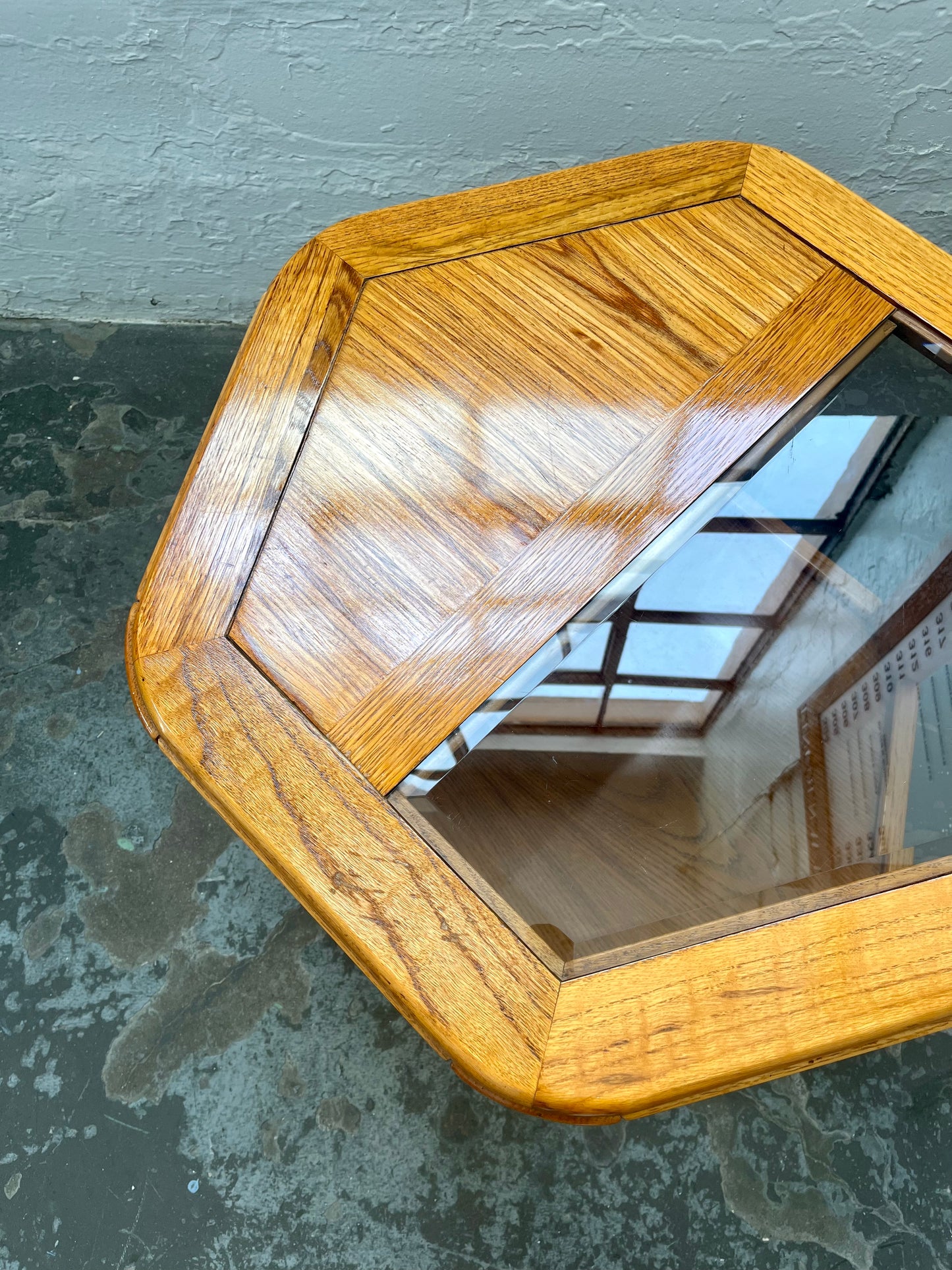 Postmodern Oak Hexagon End Table with Smoked Glass and Teak Top