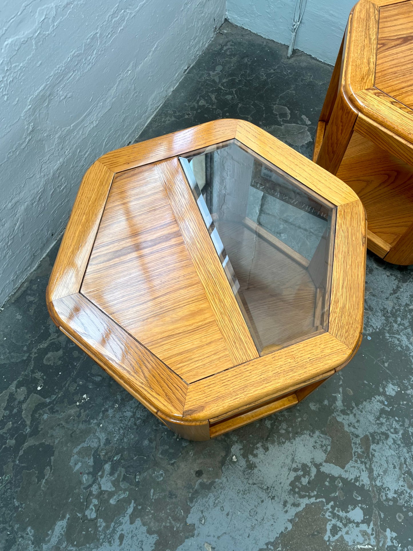 Postmodern Oak Hexagon End Table with Teak and Smoked Glass Tops