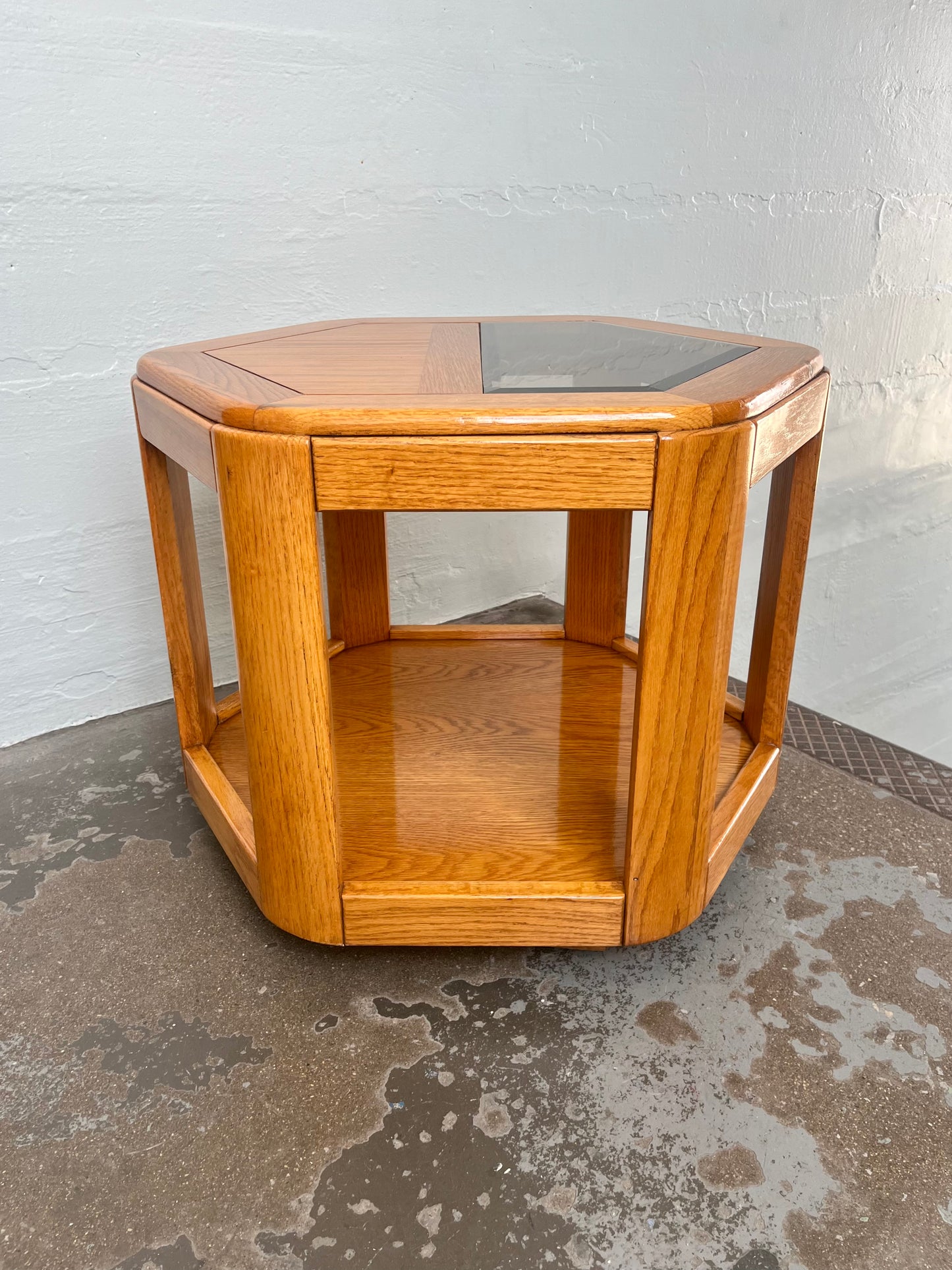 Postmodern Oak Hexagon End Table with Teak and Smoked Glass Tops