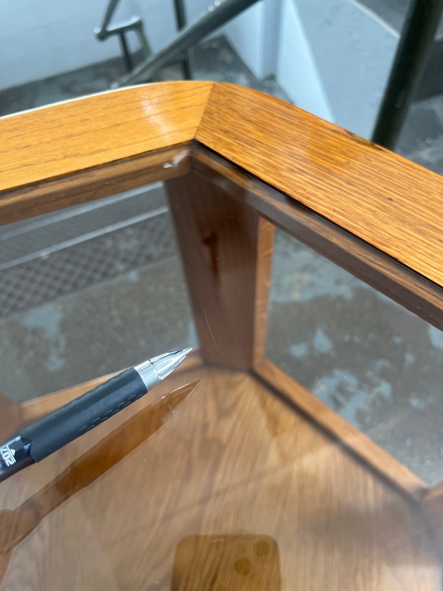 Postmodern Oak Hexagon End Table with Teak and Smoked Glass Tops