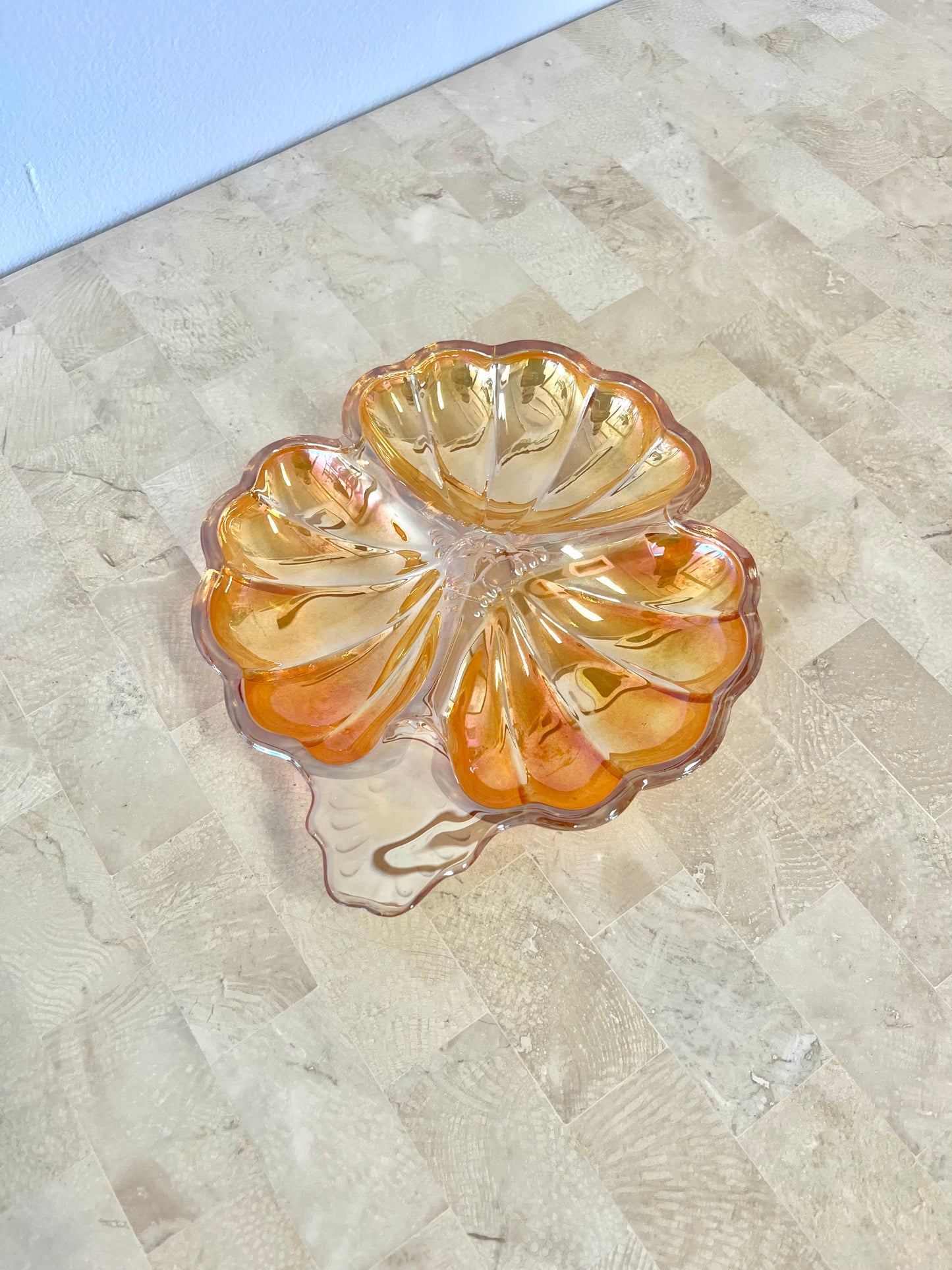 Vintage Marigold Carnival Glass Clover Trinket Dish