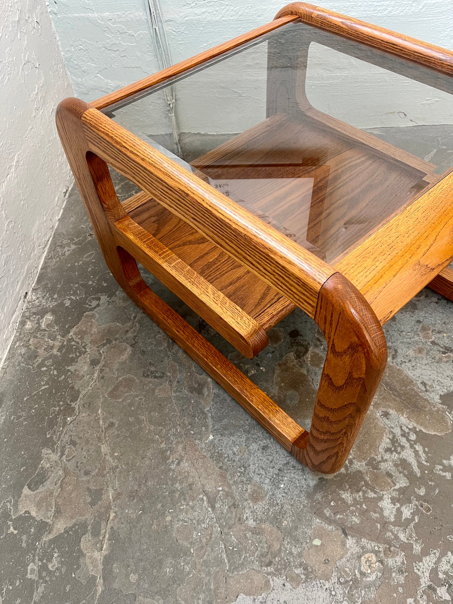 Vintage Postmodern Lou Hodges Style Oak and Smoked Glass End Table