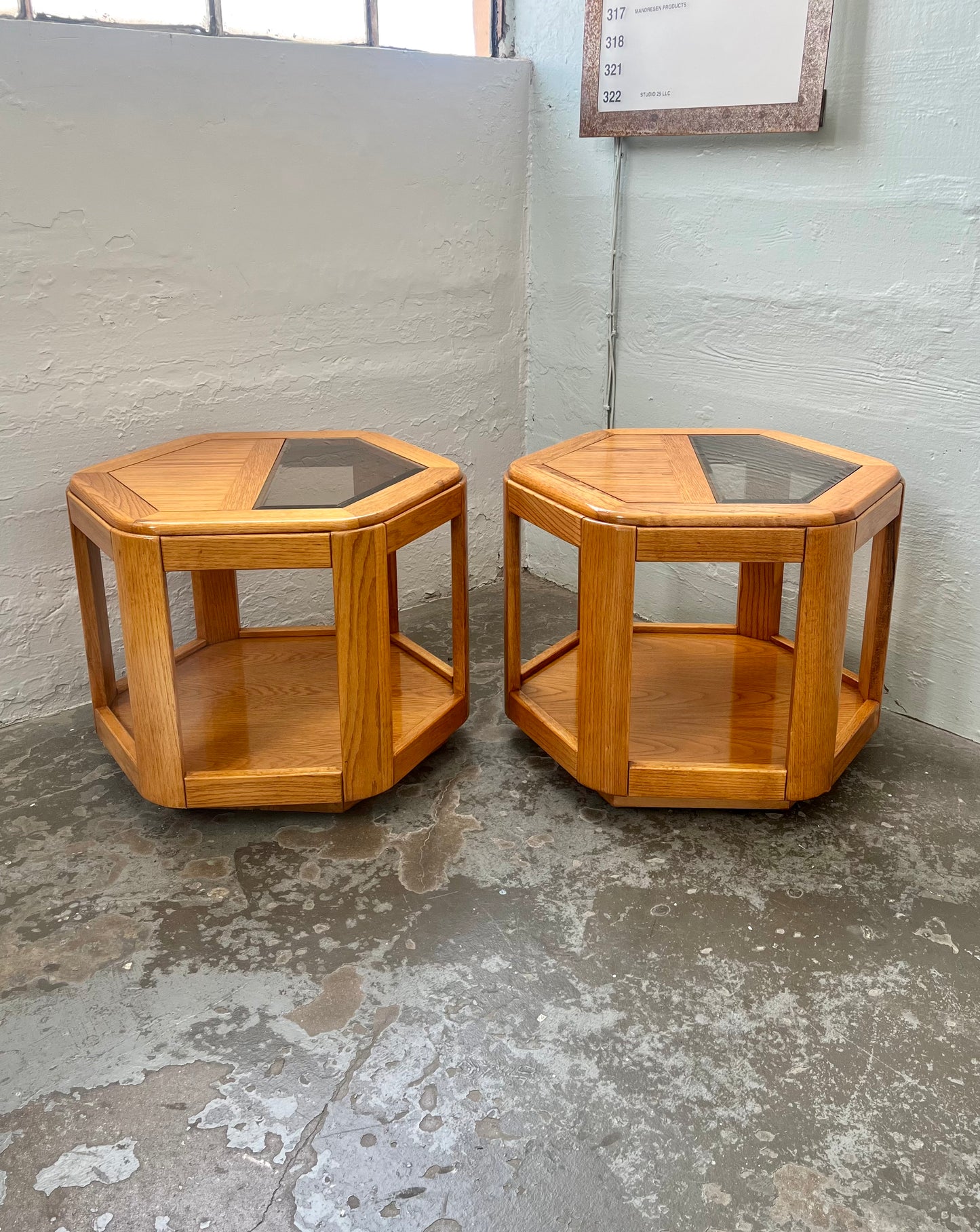 Postmodern Oak Hexagon End Table with Teak and Smoked Glass Tops