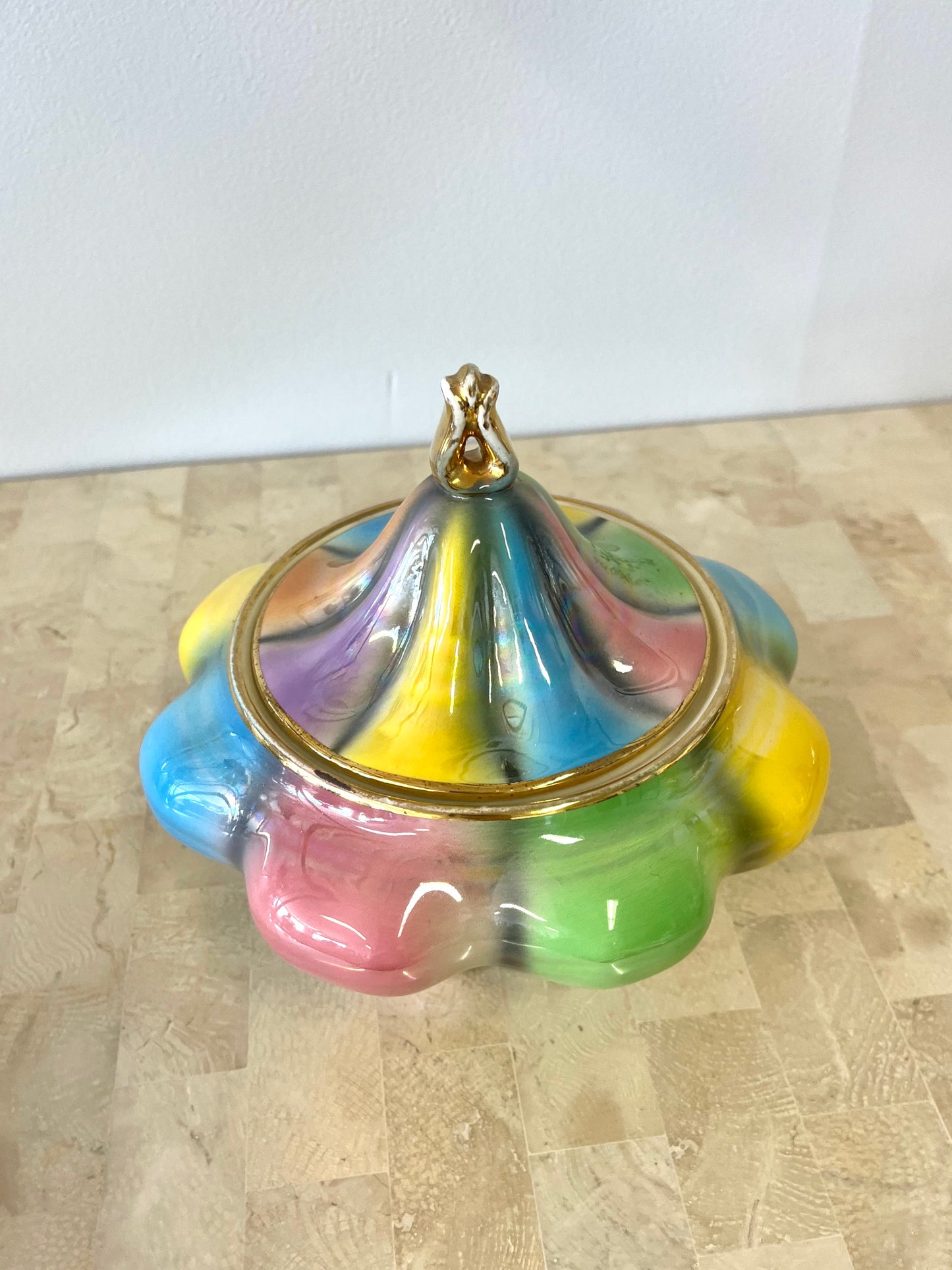 Vintage Italian Rainbow Iridescent Porcelain Candy Dish