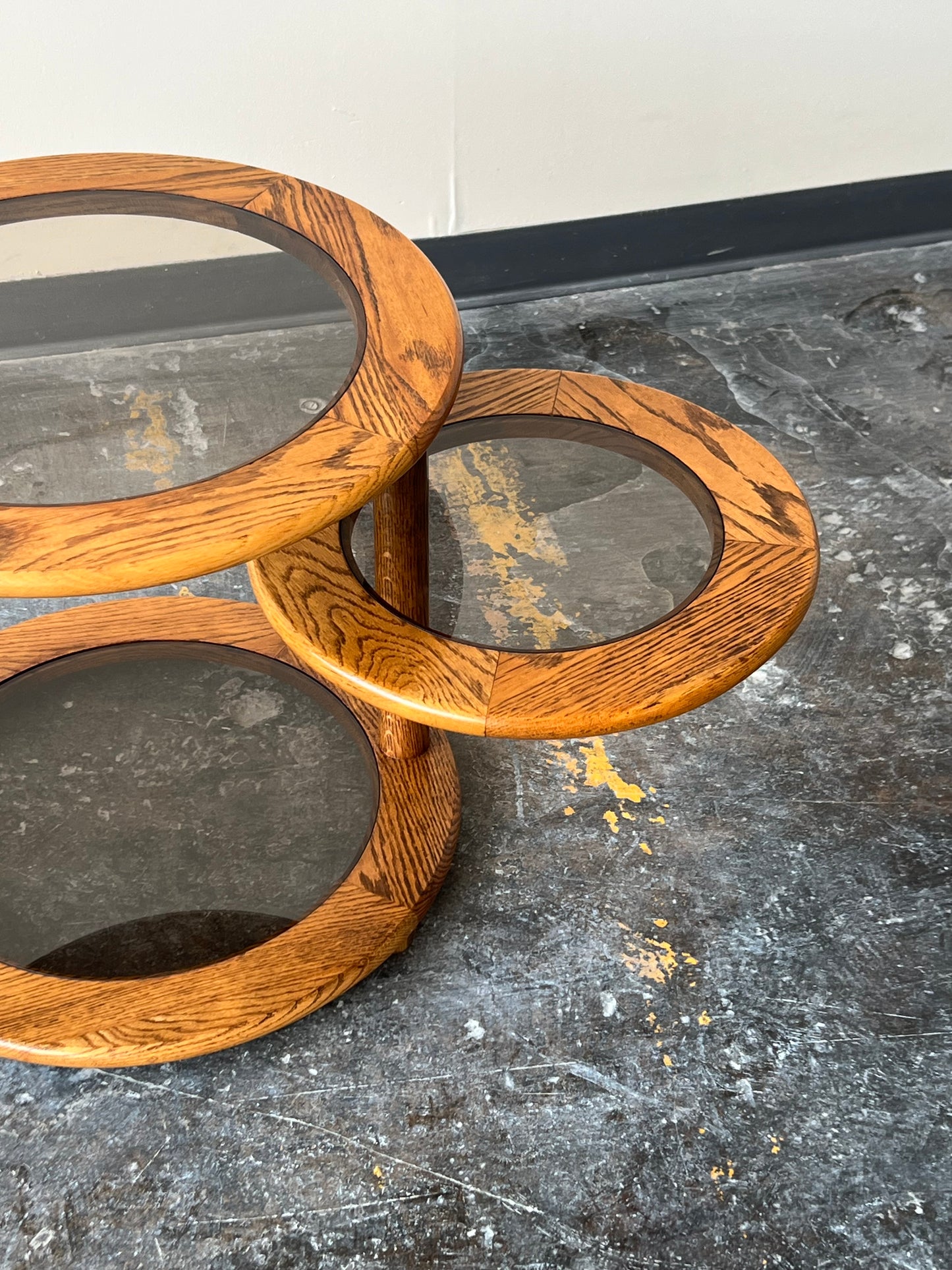 Postmodern Oak and Smoked Glass Swivel Side Table