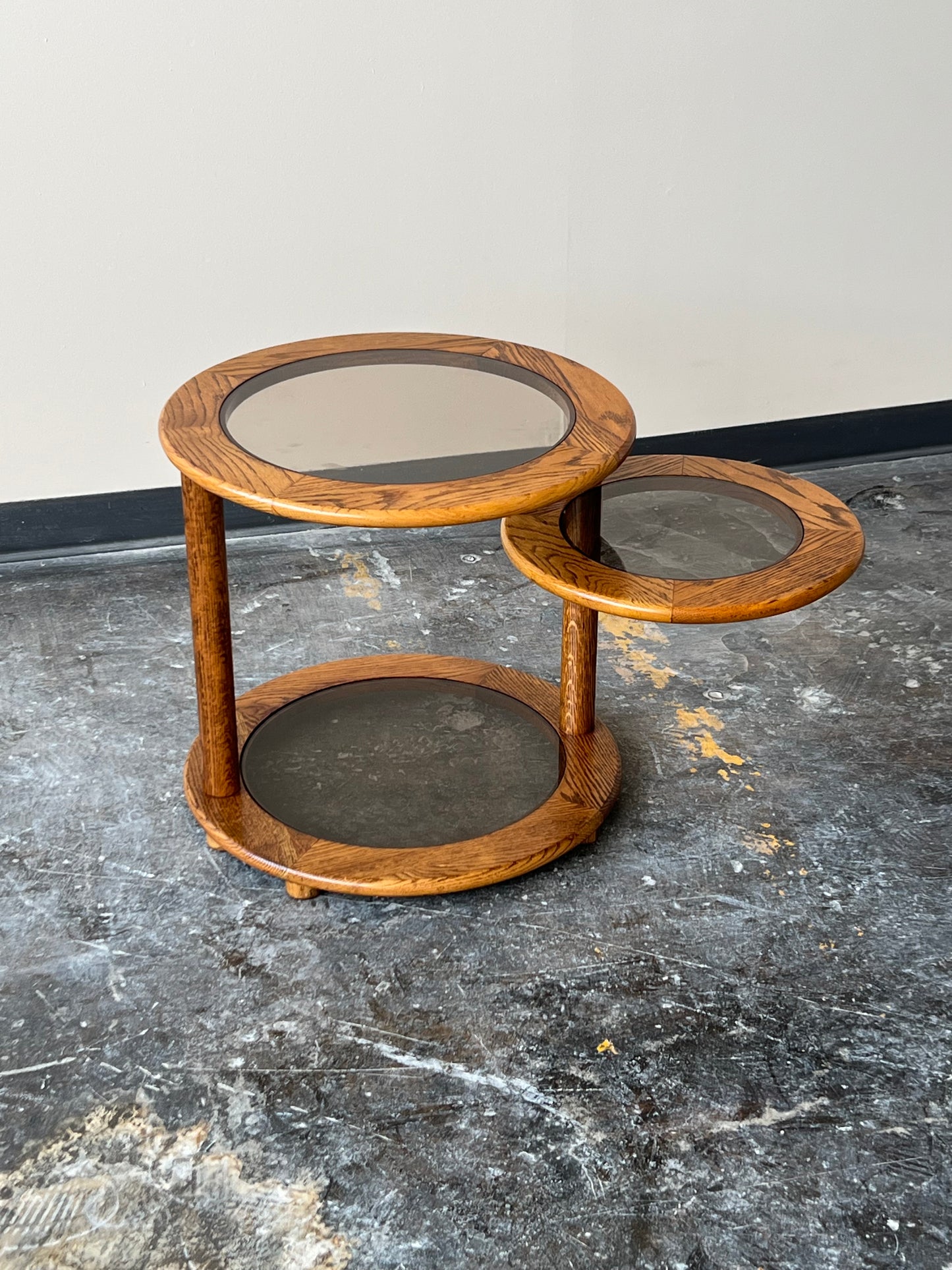 Postmodern Oak and Smoked Glass Swivel Side Table