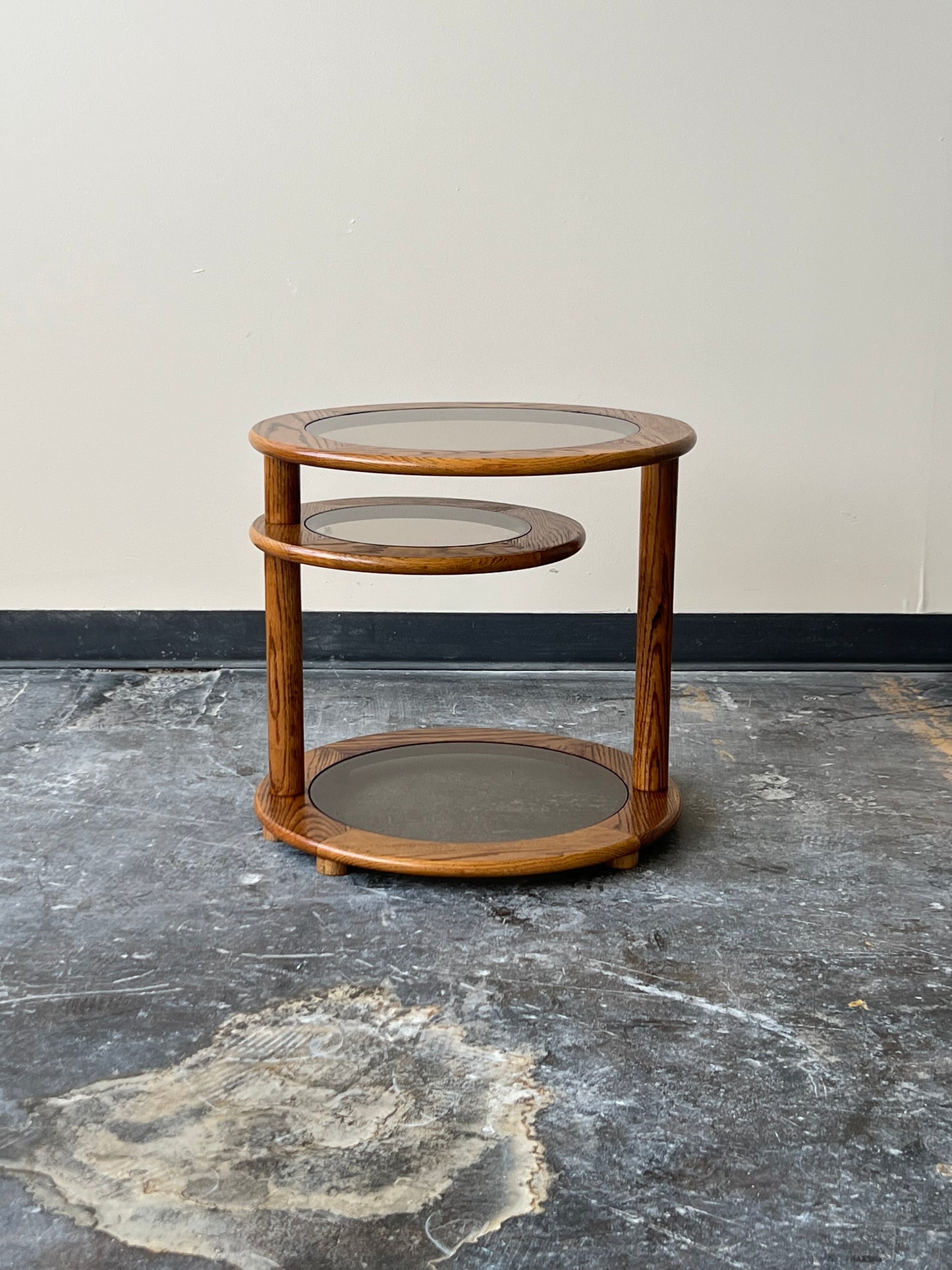 Postmodern Oak and Smoked Glass Swivel Side Table