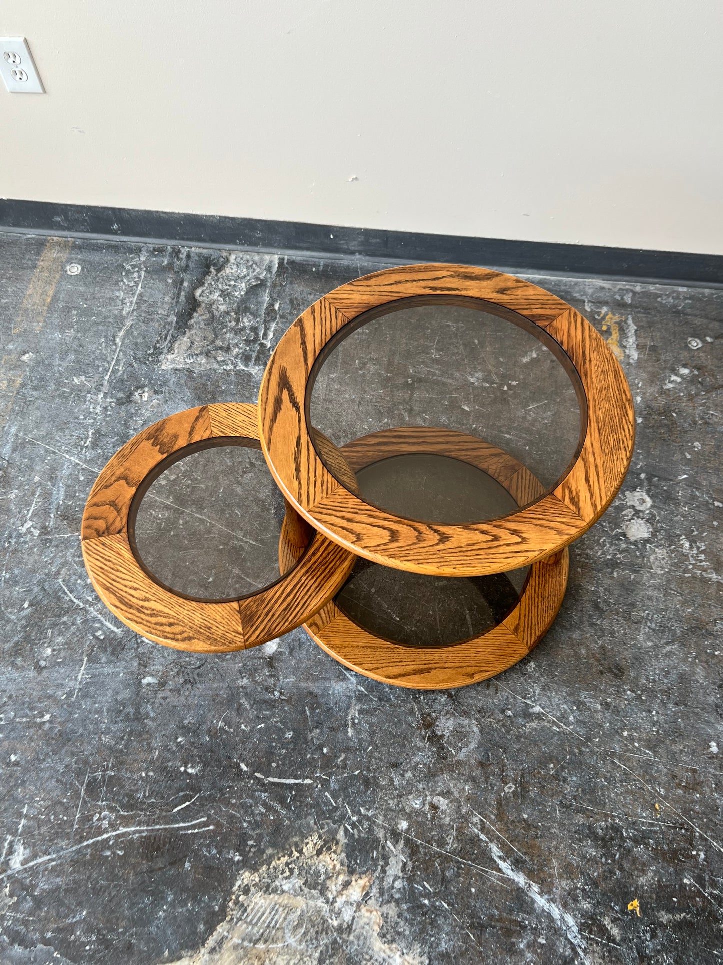 Postmodern Oak and Smoked Glass Swivel Side Table