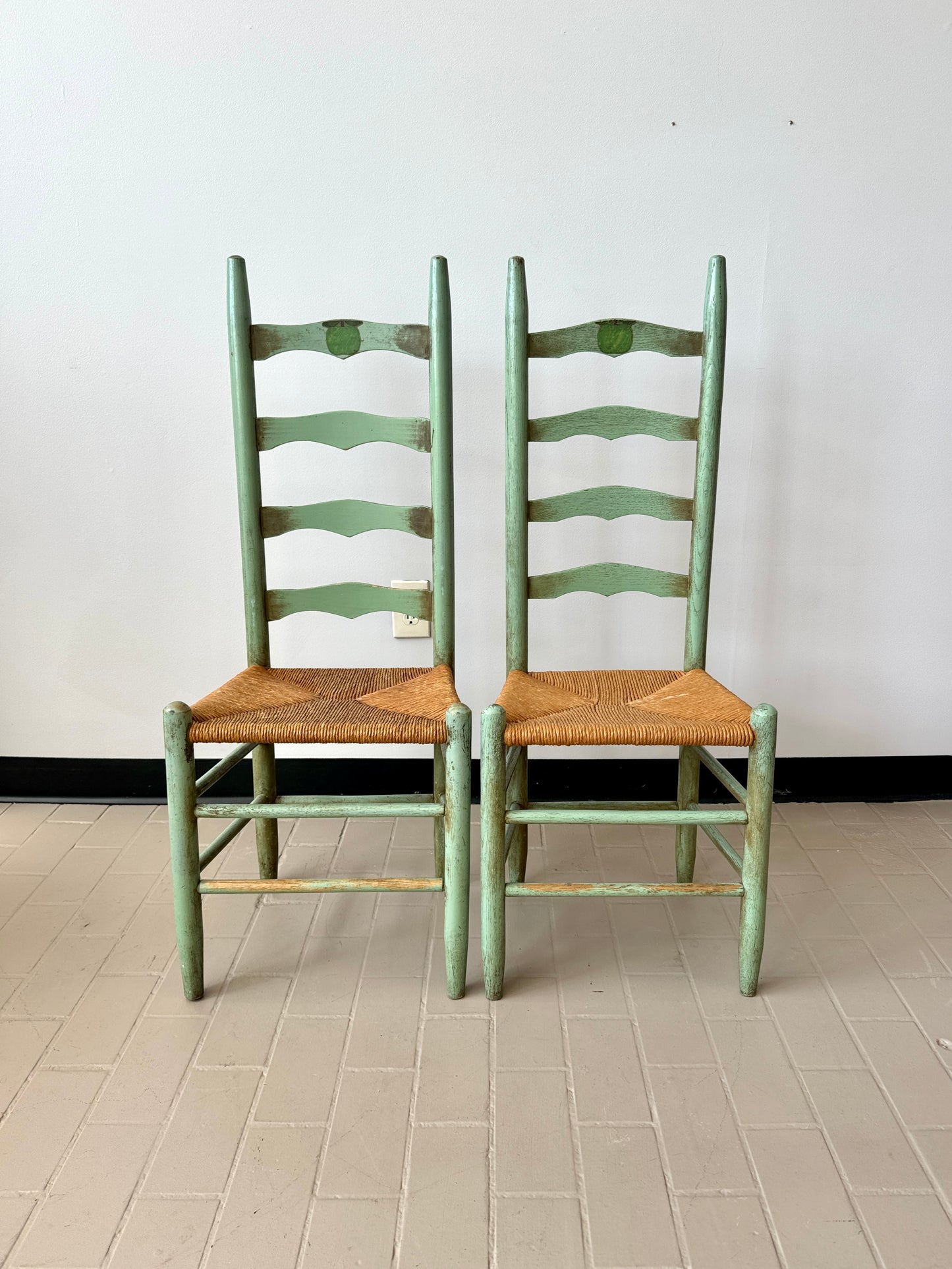 Vintage Handpainted Ladderback Chairs with Rush Seats