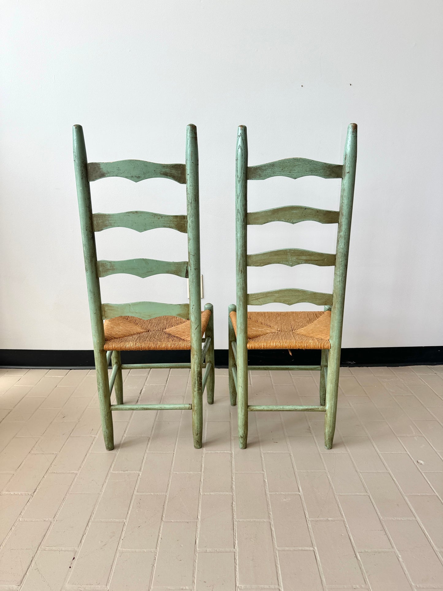 Vintage Handpainted Ladderback Chairs with Rush Seats