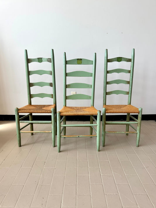 Vintage Handpainted Ladderback Chairs with Rush Seats