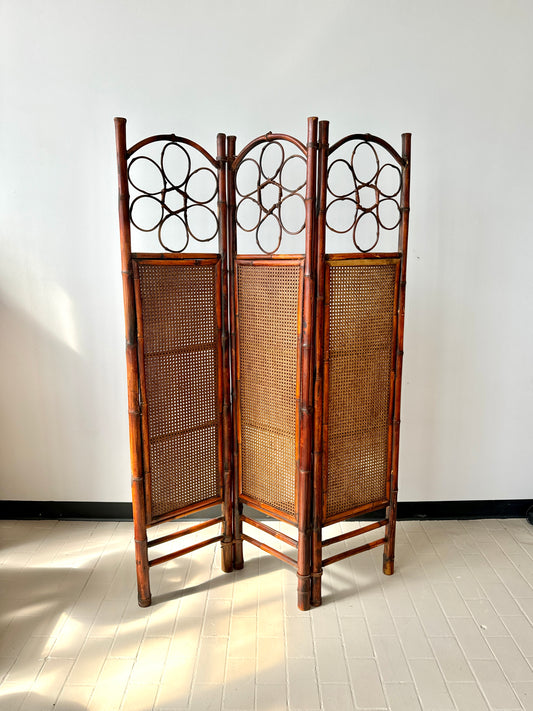 Vintage Bamboo and Cane Three Panel Folding Screen Divider